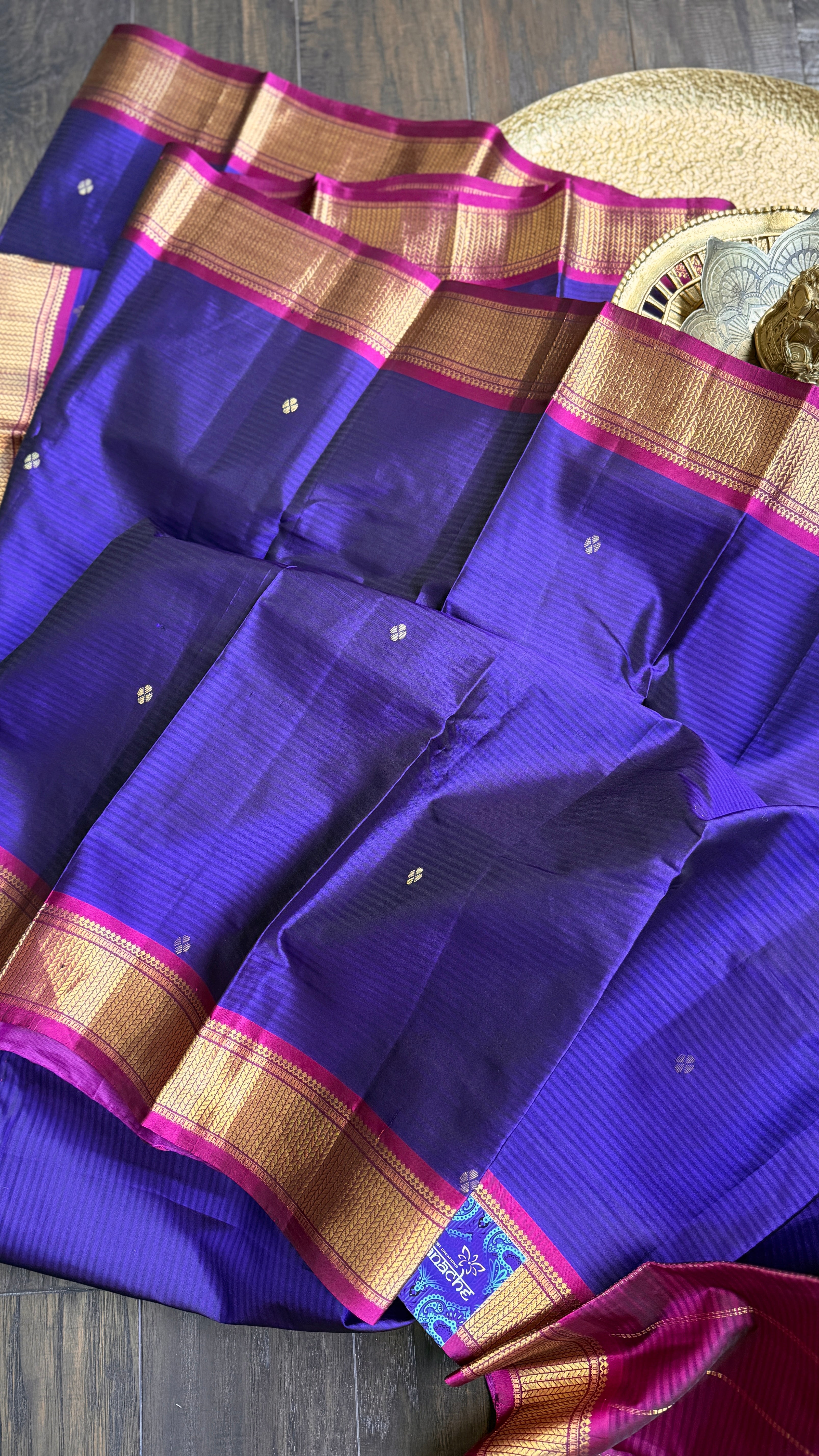 Pure Silk 1gm Zari Kanjivaram - Purple Blue Pink self Stripe