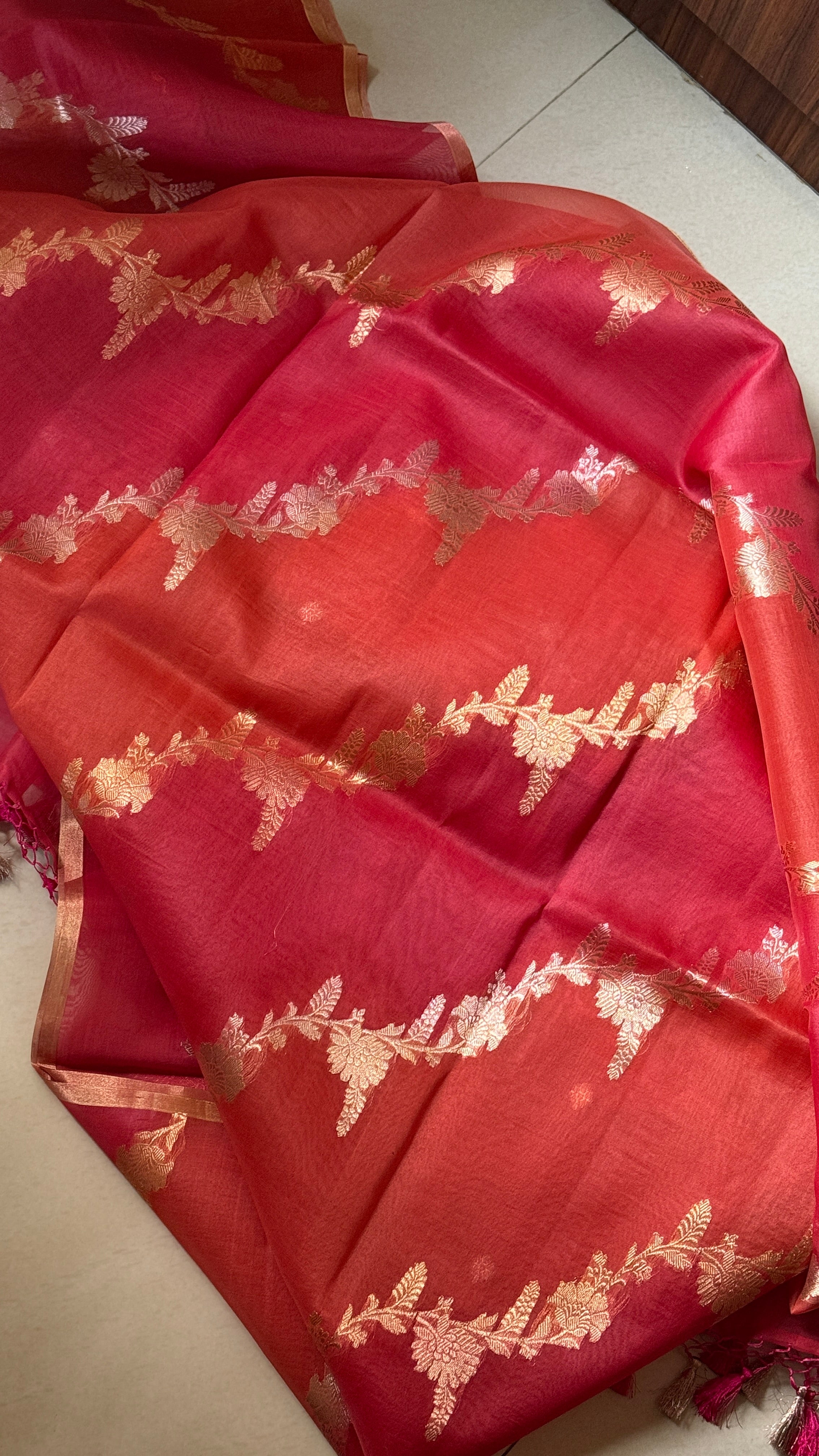 Kora Silk Leheriya Banarsi - Pink Orange Shaded