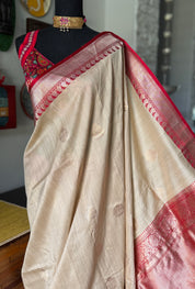 Tussar Silk Banarasi - Tan Beige Red
