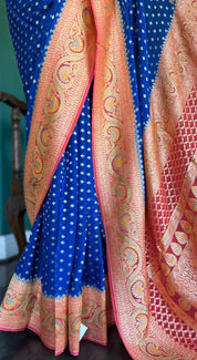Khaddi Georgette Banarasi - Blue Peach Orange Hand Brush Painted