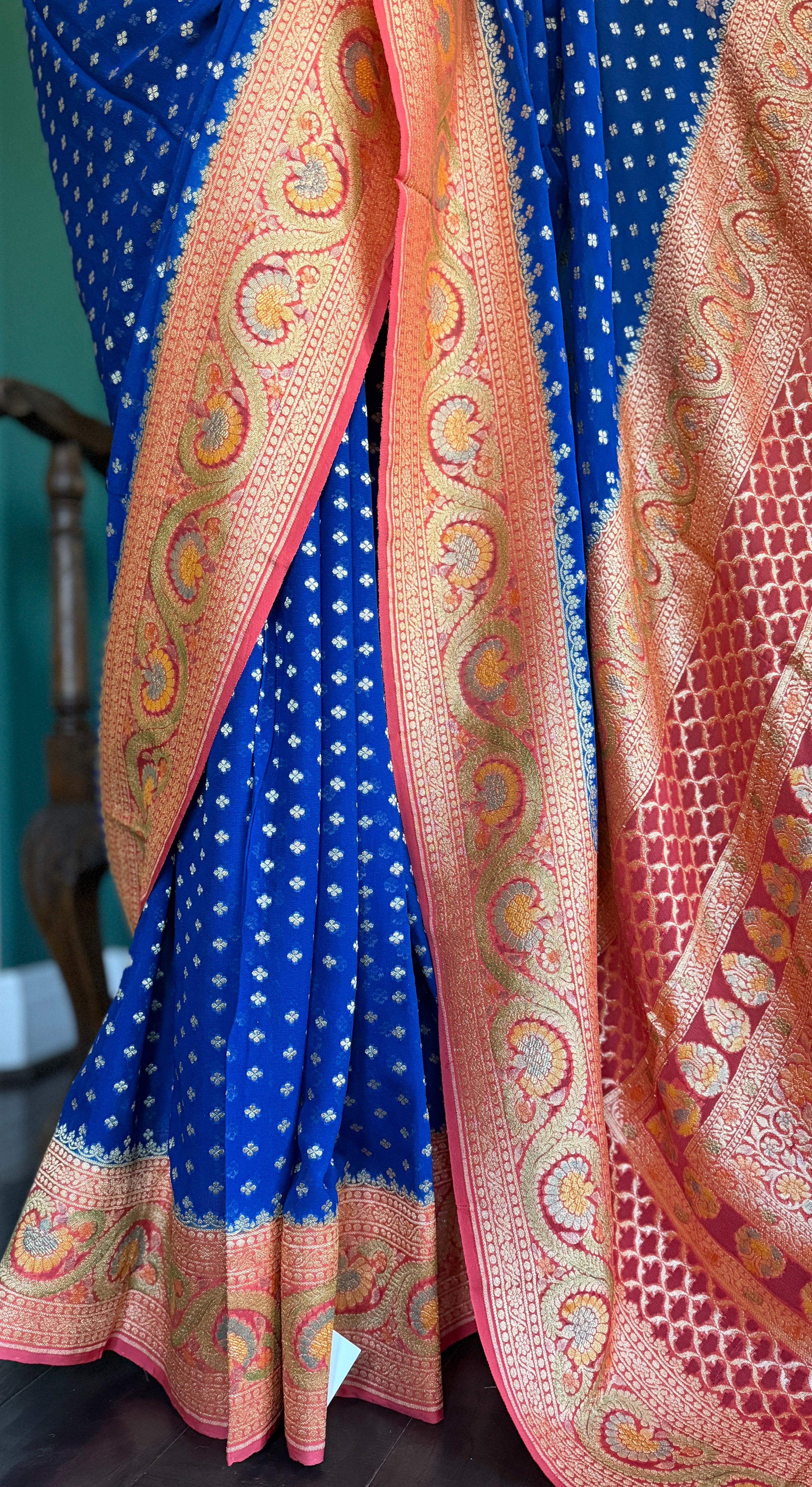 Khaddi Georgette Banarasi - Blue Peach Orange Hand Brush Painted