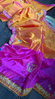 Hand Zardozi Pure Chanderi Pattu Silk - Orange Pink Woven