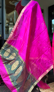 Pure Silk Chanderi Dupatta - Pink Green Handwoven