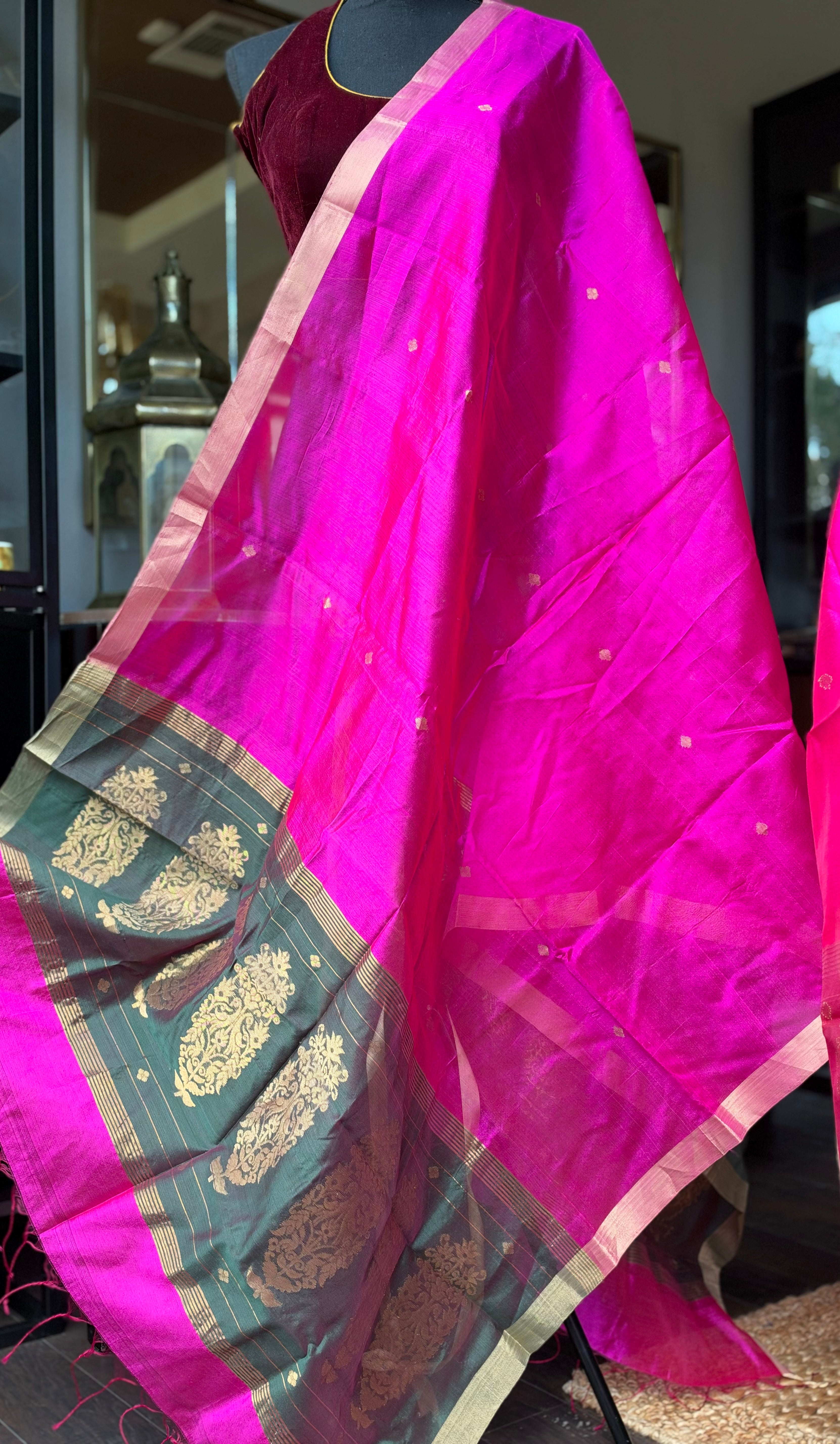 Pure Silk Chanderi Dupatta - Pink Green Handwoven