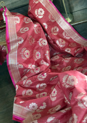 Tussar Silk Banarasi - Orange Pink Dual Shaded Antique Zari