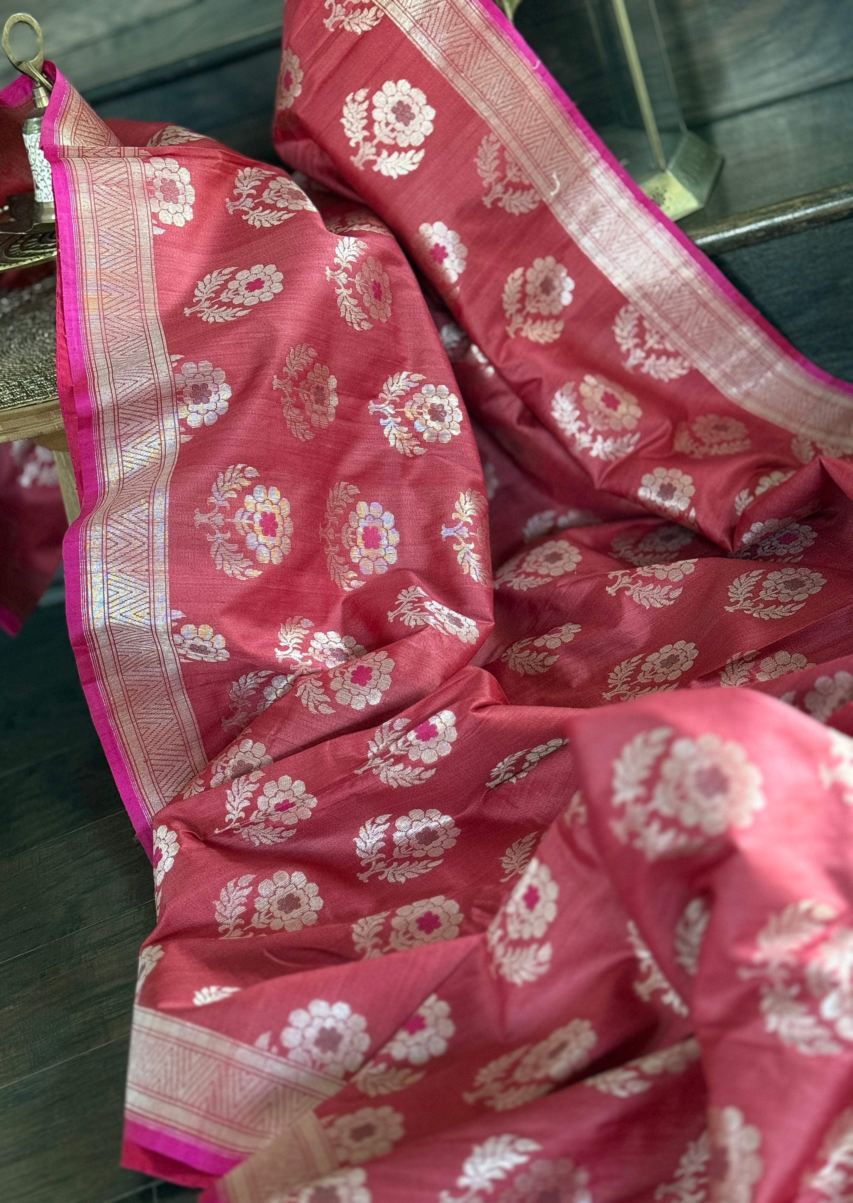 Tussar Silk Banarasi - Orange Pink Dual Shaded Antique Zari