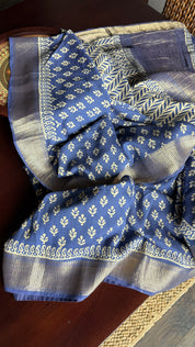 Printed Muga Cotton Silk Banaras  - Blue Paisley