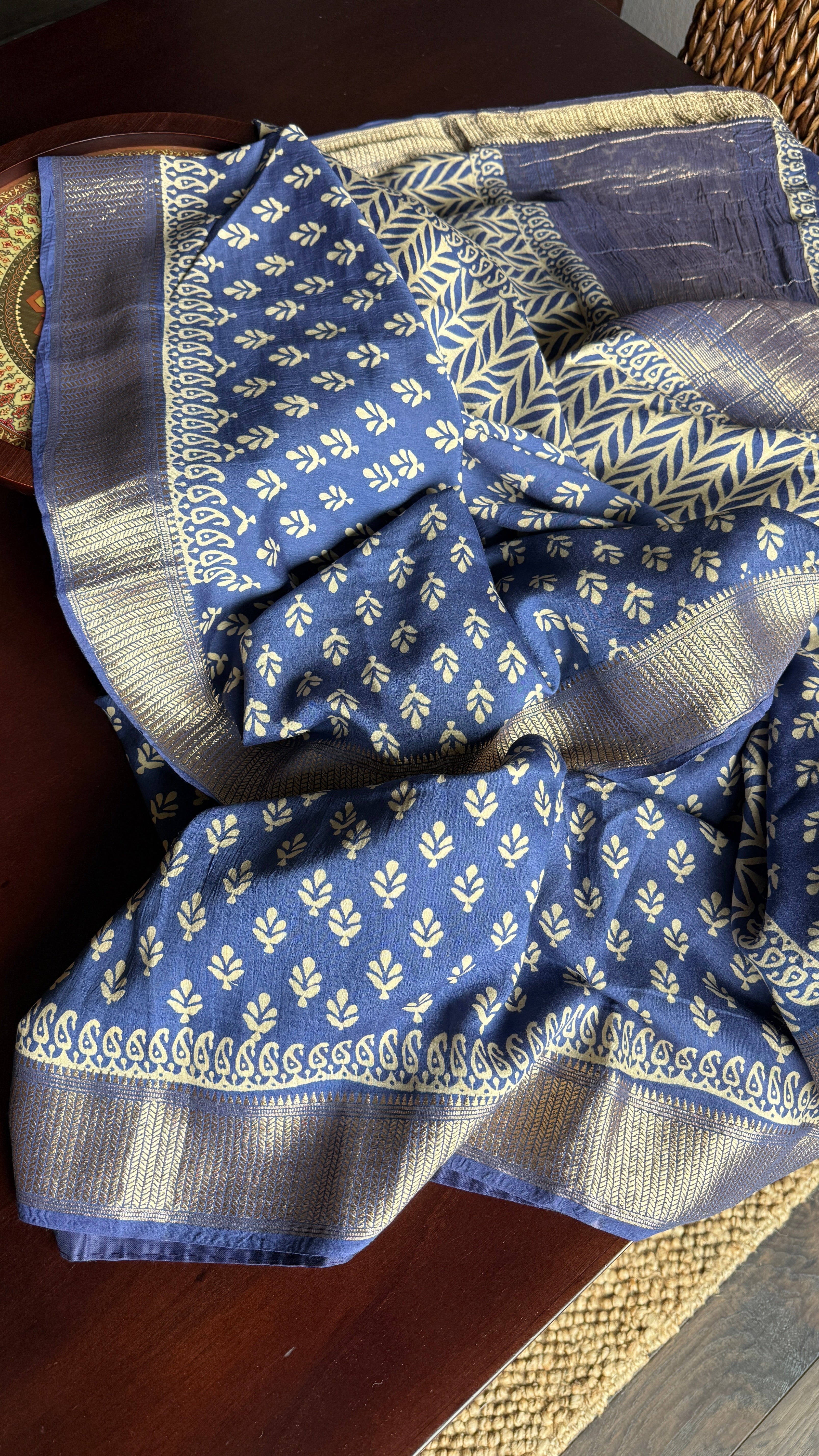 Printed Muga Cotton Silk Banaras  - Blue Paisley