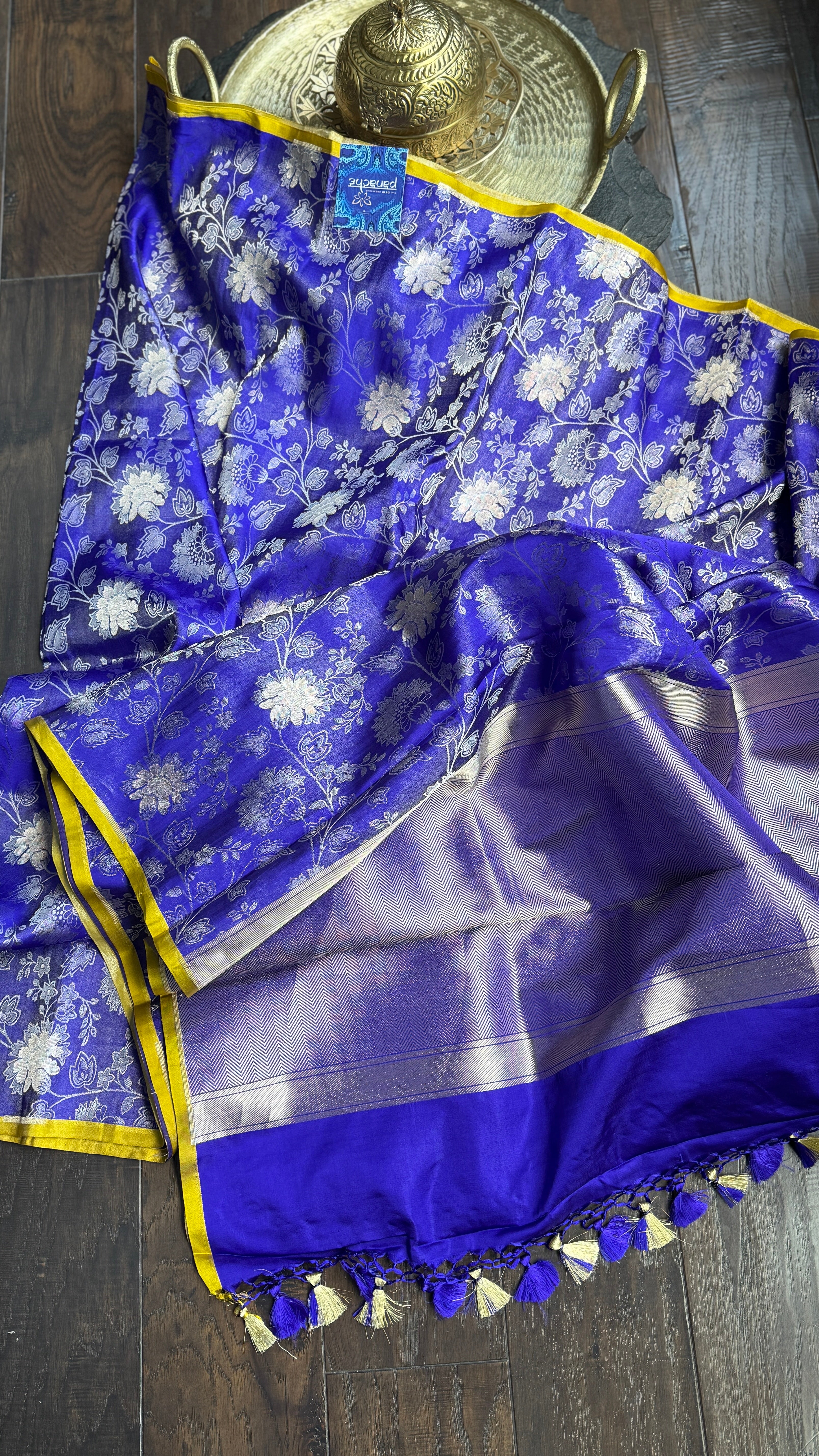 Pure Silk Katan Tissue Jaal Banarasi- Purple Blue Yellow