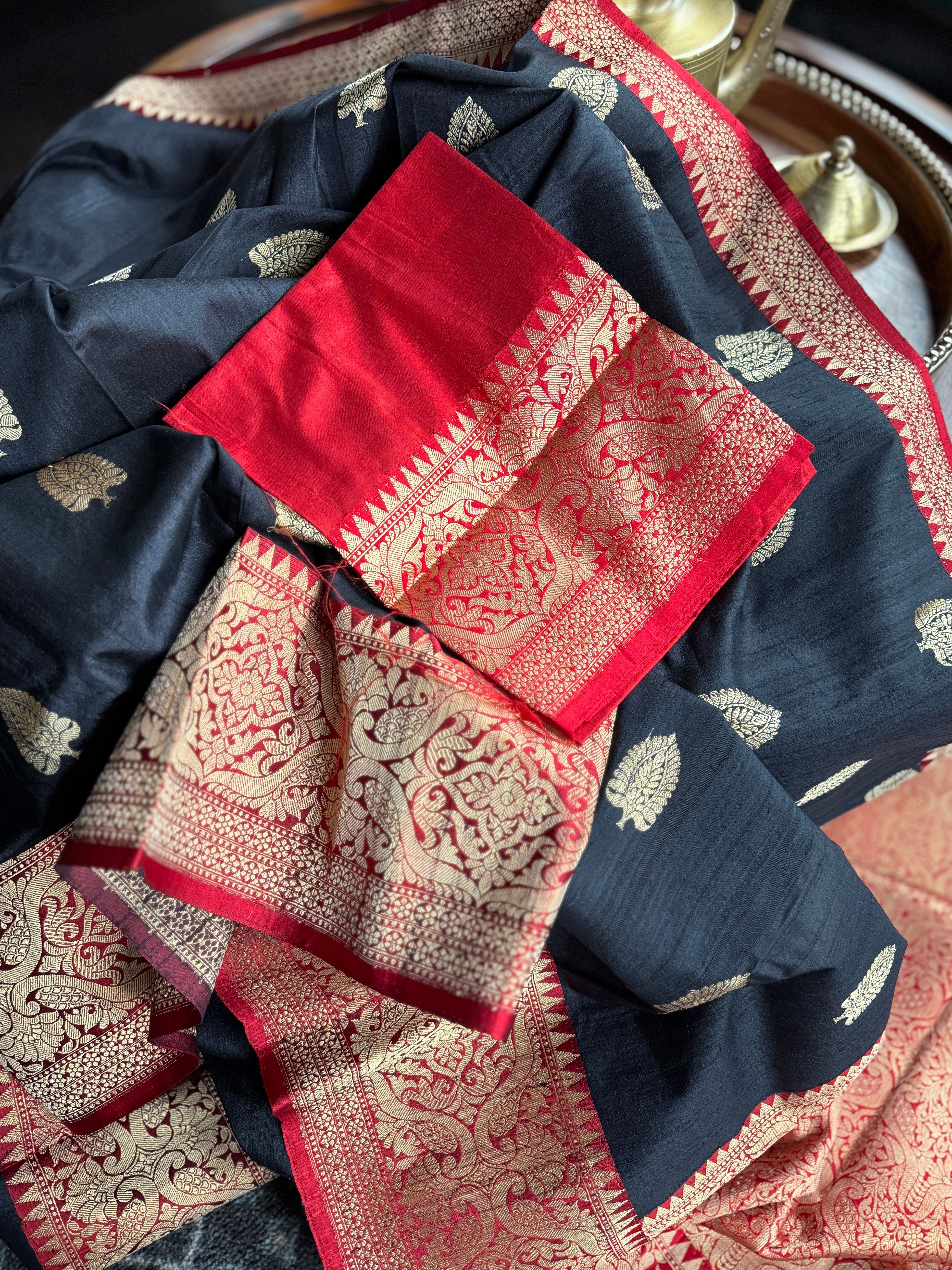 Pure Tussar Silk Banarasi - Black Red