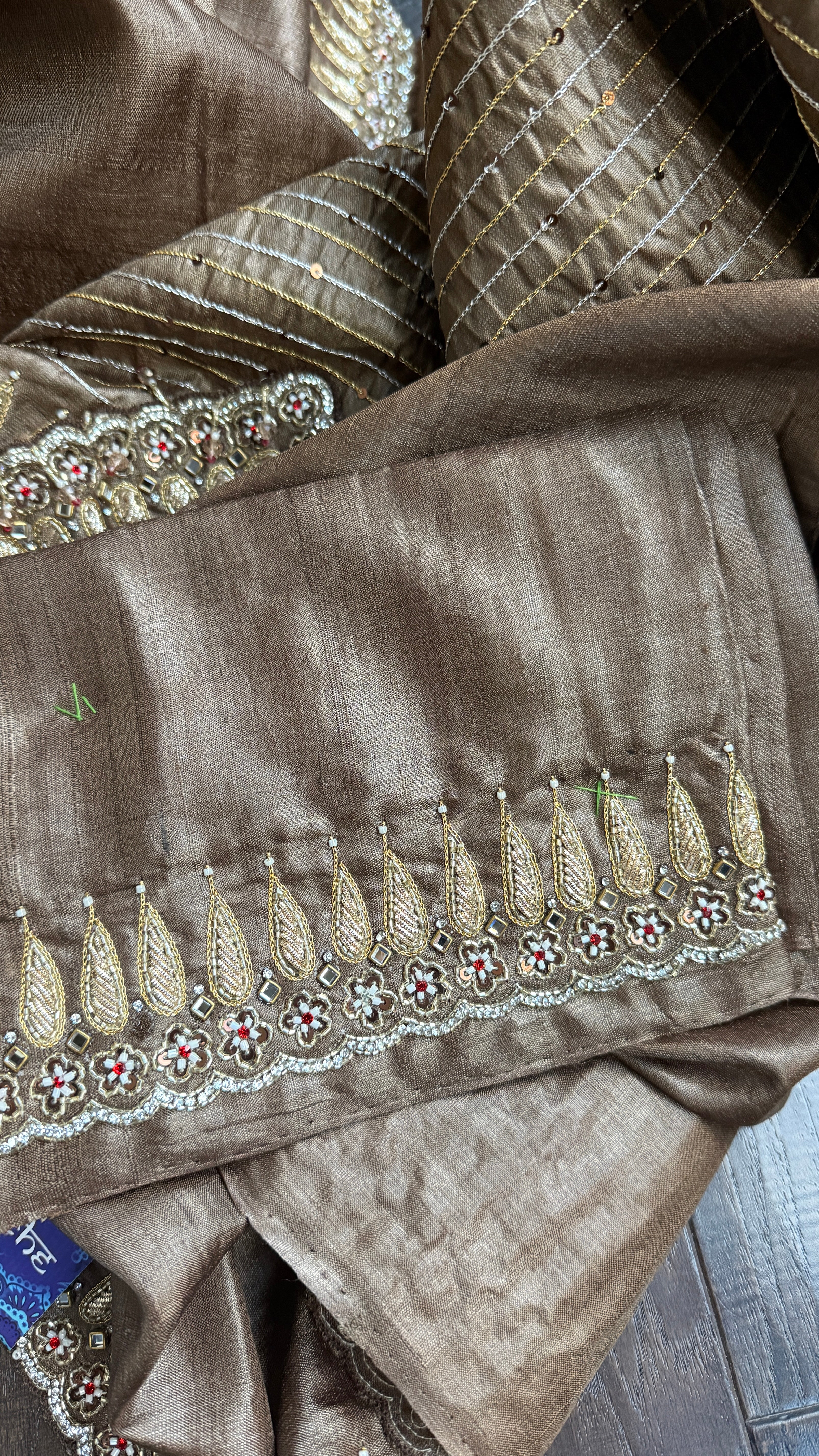 Designer Hand Zardozi Pure Tussar Silk - Brown