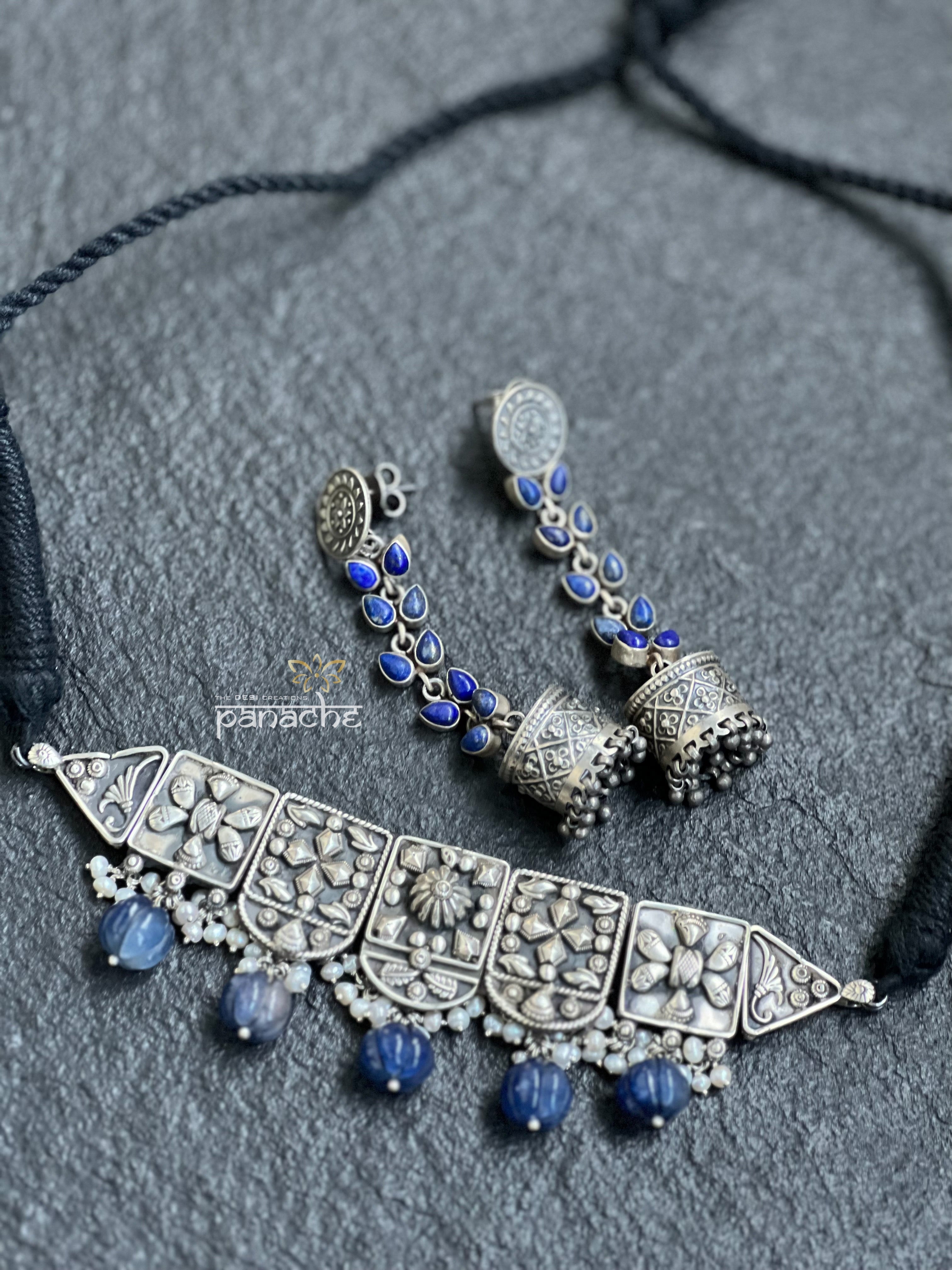 Pure Silver 925 Choker - Antique Lapis