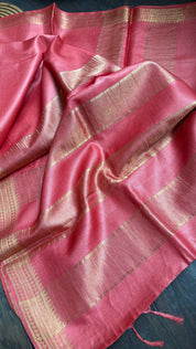 Handwoven Tussar Silk - Red Golden Zari