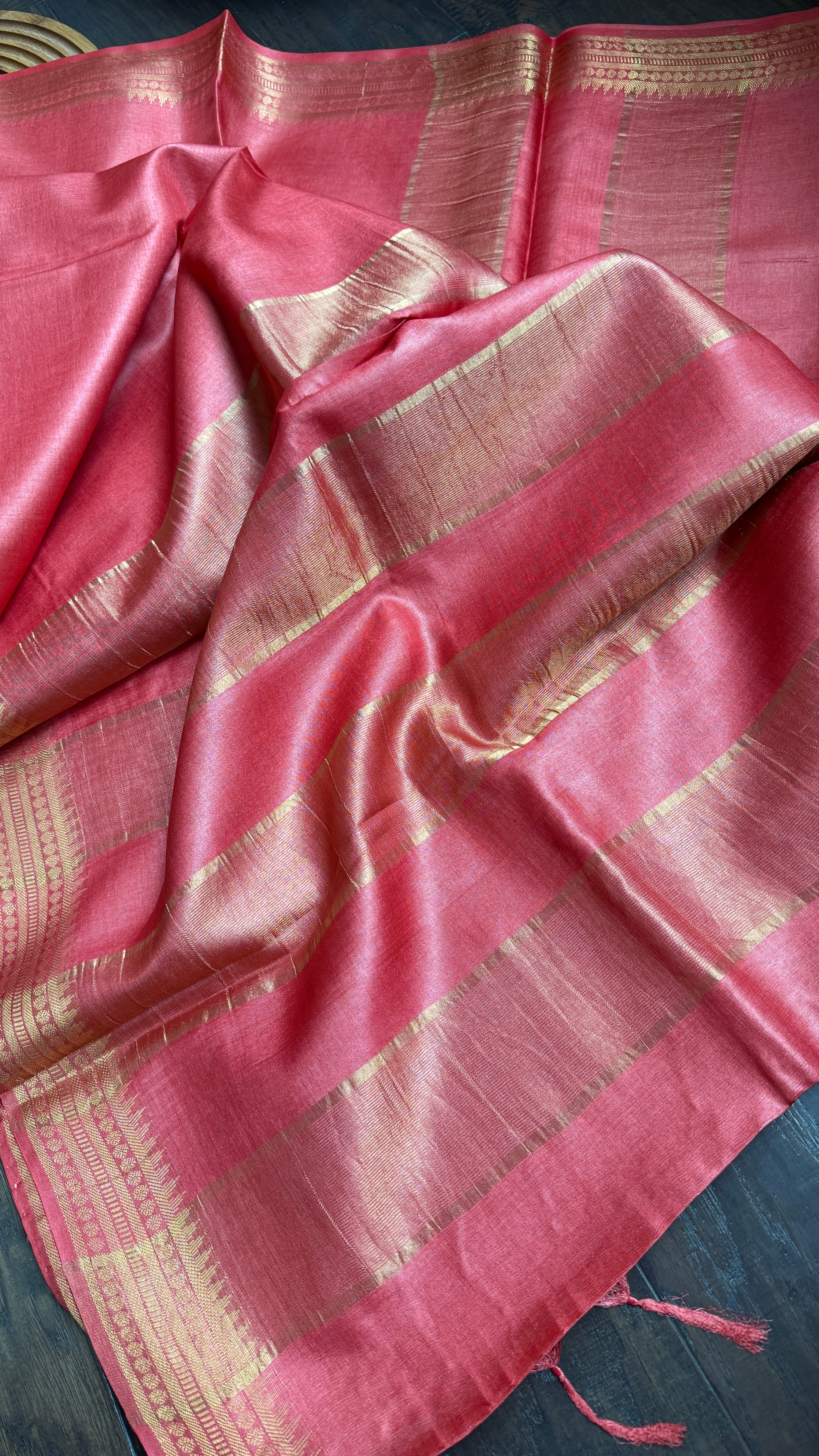 Handwoven Tussar Silk - Red Golden Zari