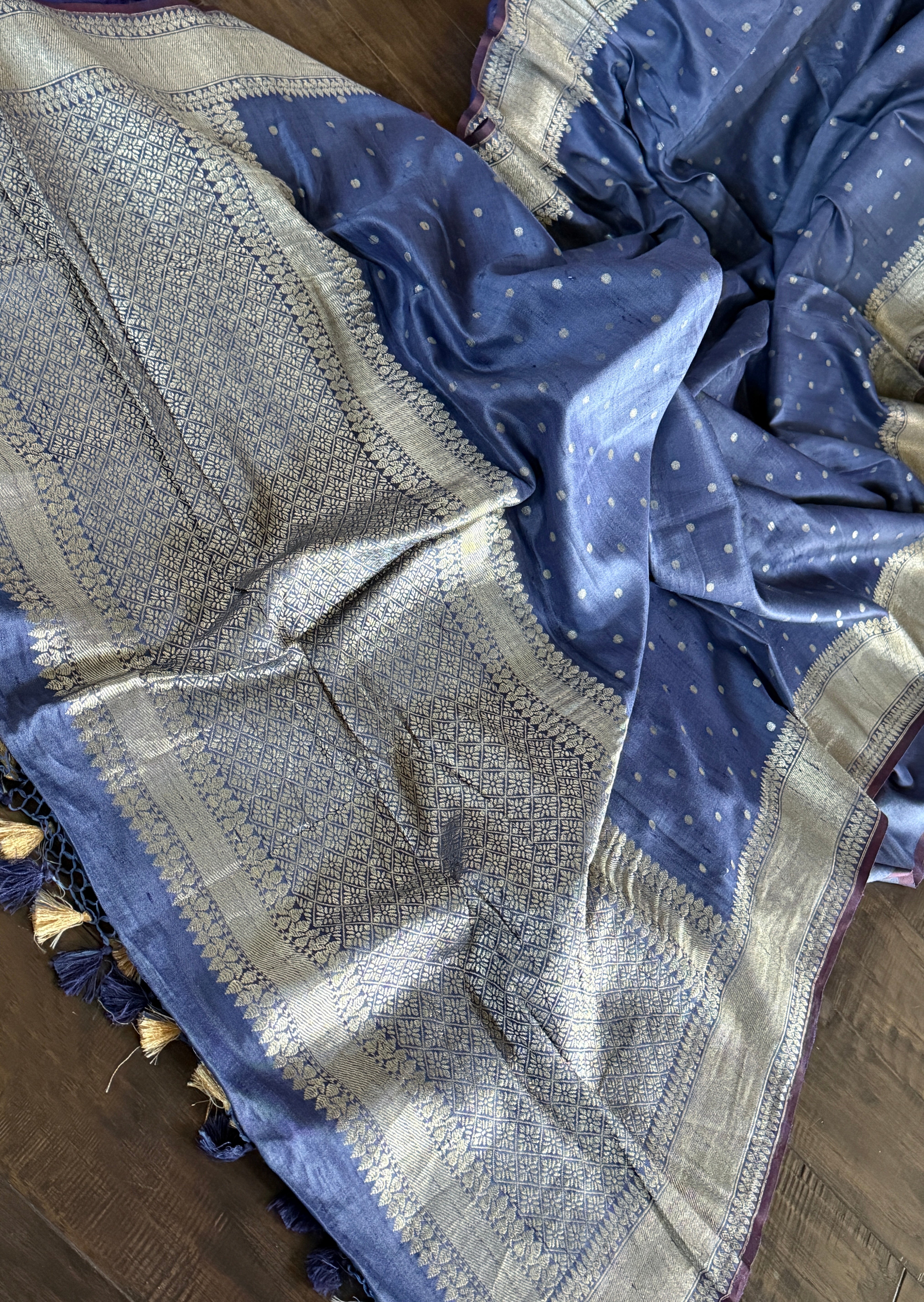 Tussar Silk Banarasi - Grey Blue Antique Zari