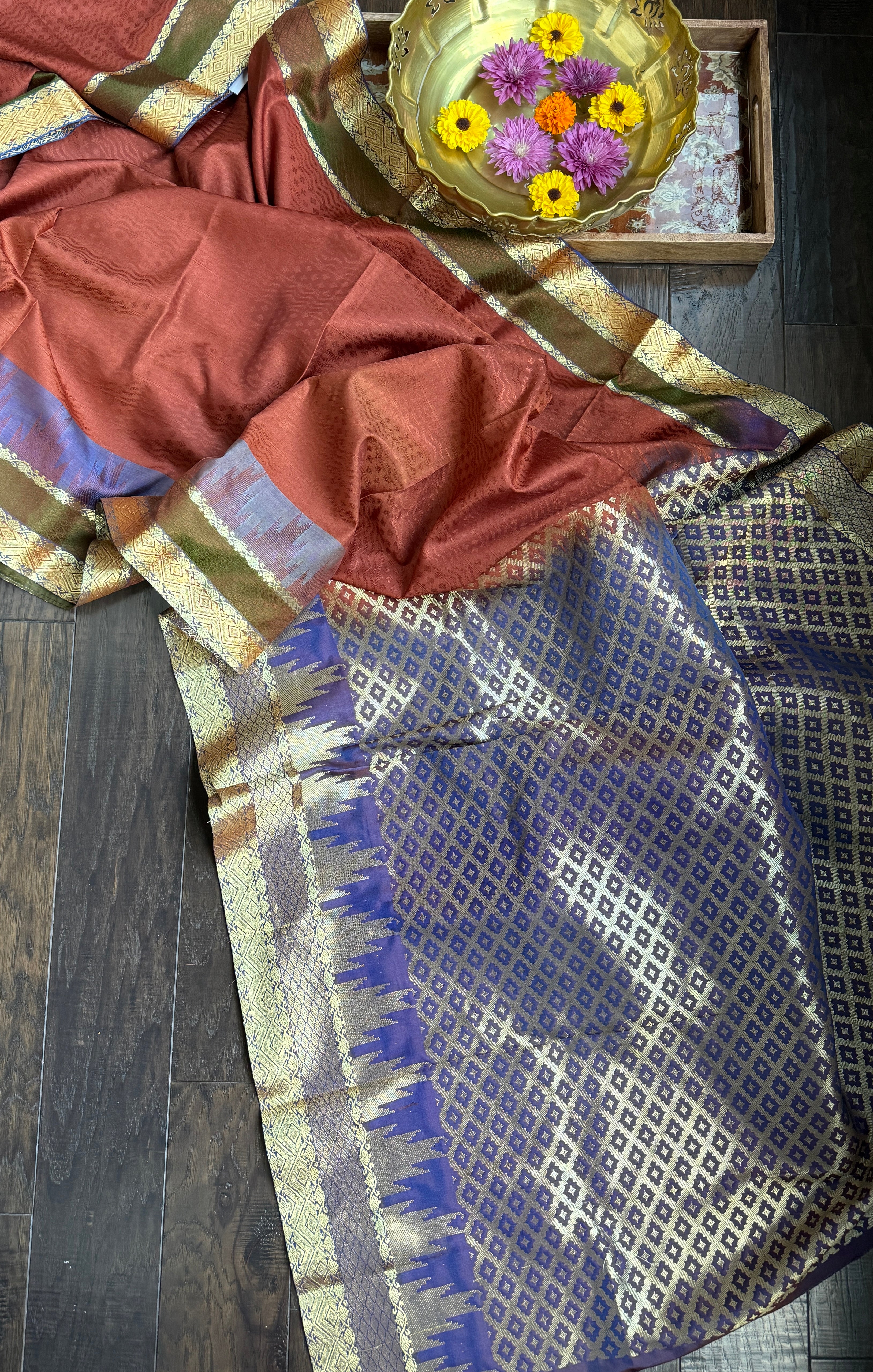 Soft Silk Kanjivaram - Rust Tanchoi Golden Zari