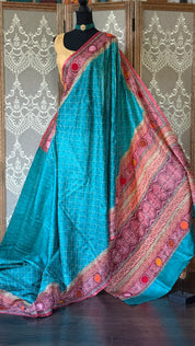 Kantha Stitch Printed Tussar Silk - Firozi Blue