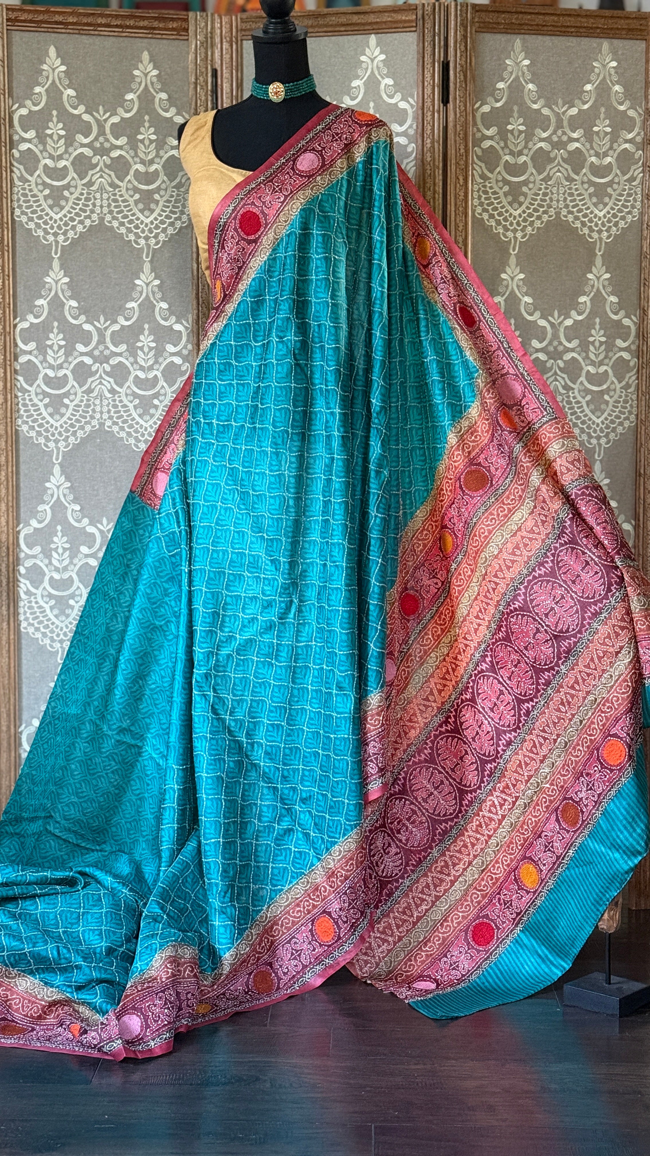 Kantha Stitch Printed Tussar Silk - Firozi Blue