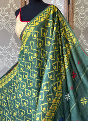 Pure Tussar Silk - Bottle Green Yellow Printed Lambani