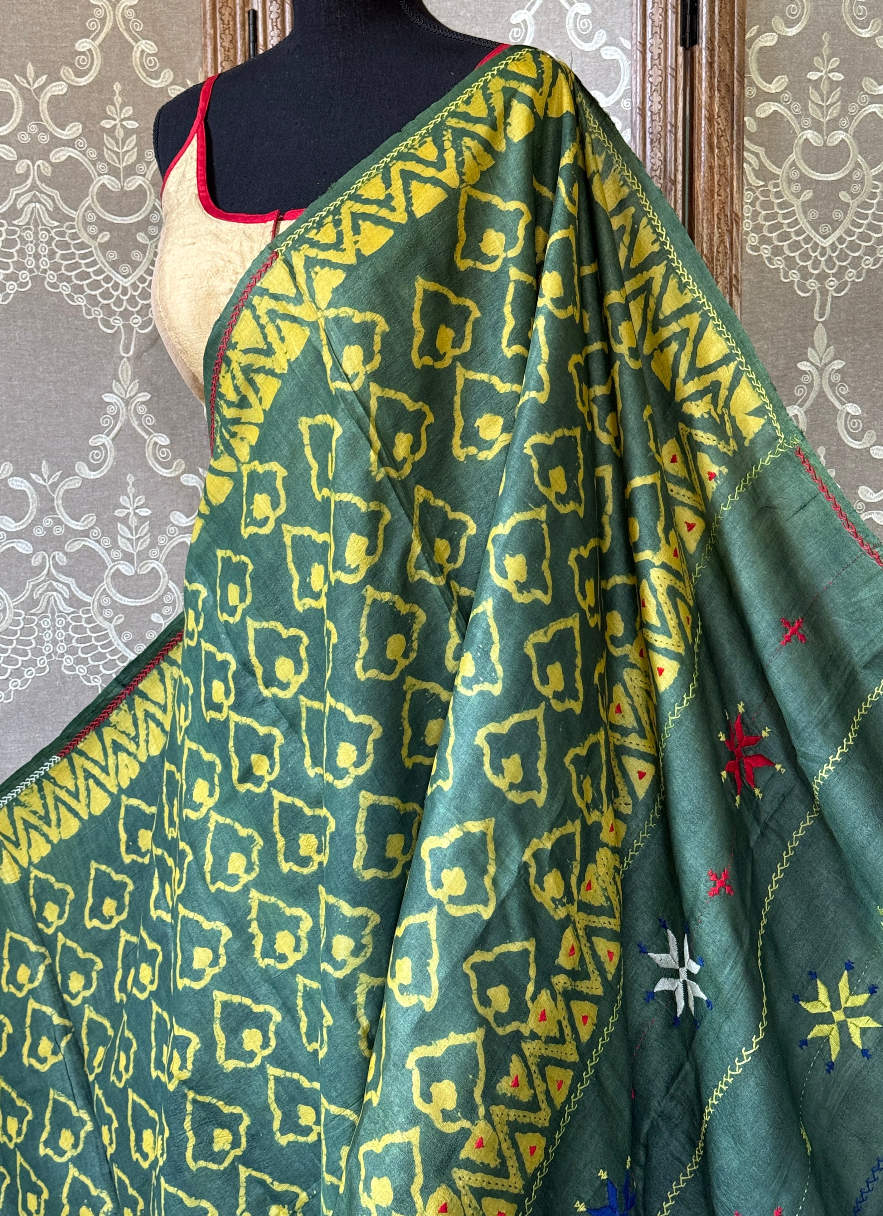 Pure Tussar Silk - Bottle Green Yellow Printed Lambani