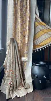 Pure Tussar Silk - Embroidered Printed Half Half