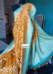 Khaddi Georgette Banarasi - Burnt Yellow Gold Sea Green