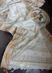 Designer Tussar Silk Zardozi - Beige Golden Purple Green Embroidered