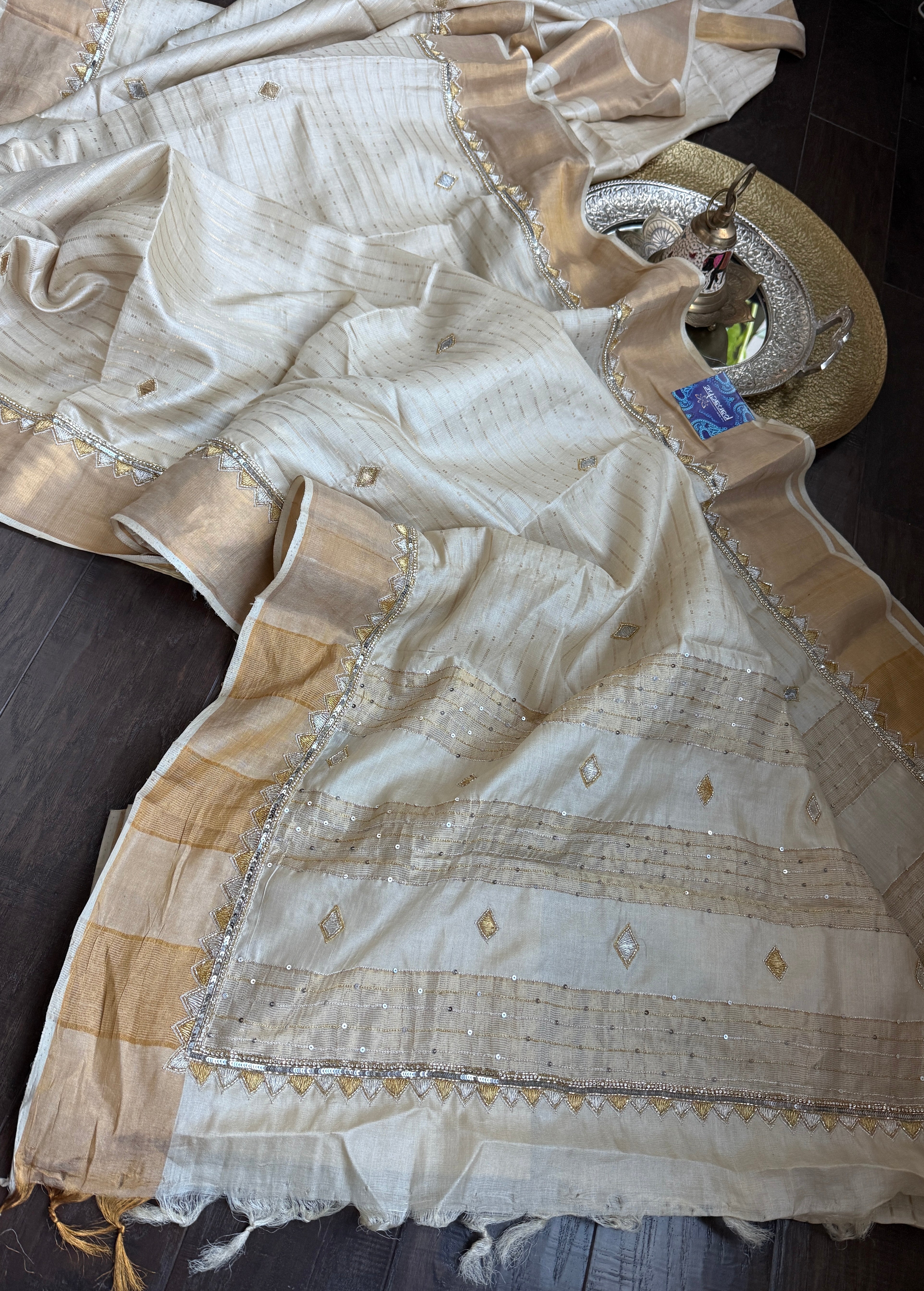 Designer Tussar Silk Zardozi - Beige Golden Purple Green Embroidered