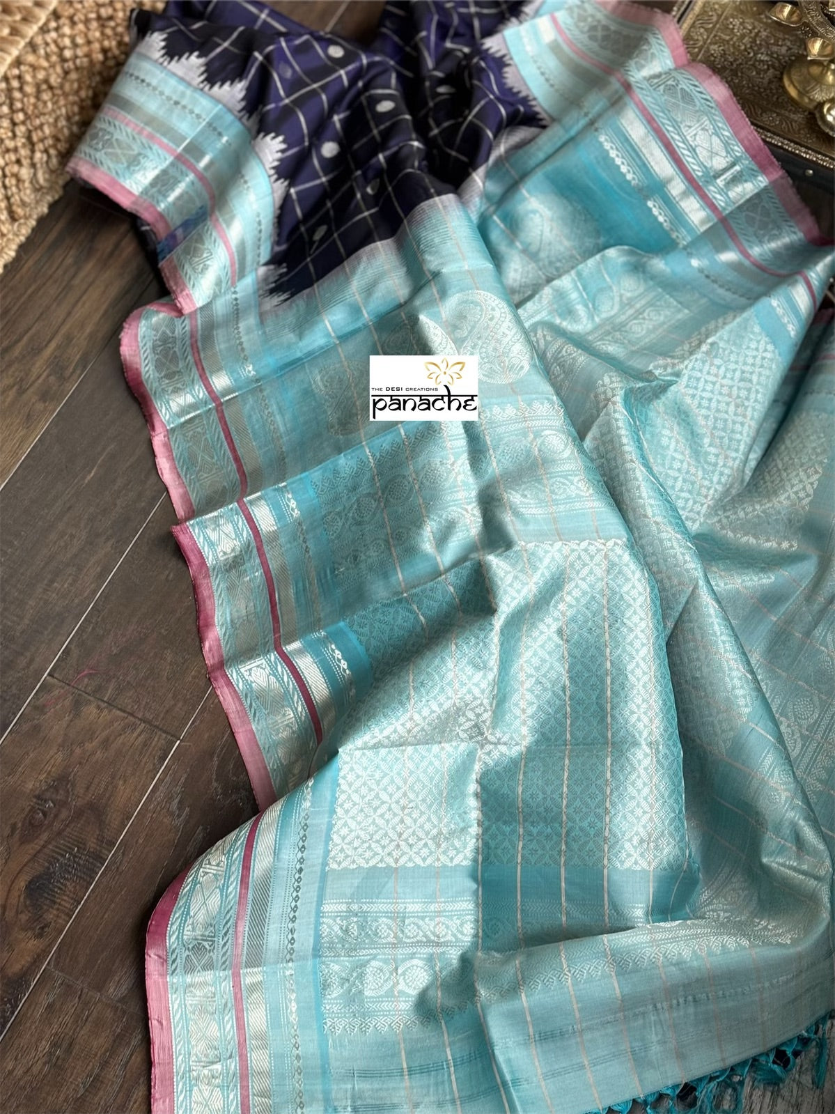 Pure Silk Gadwal - Blue Checkered