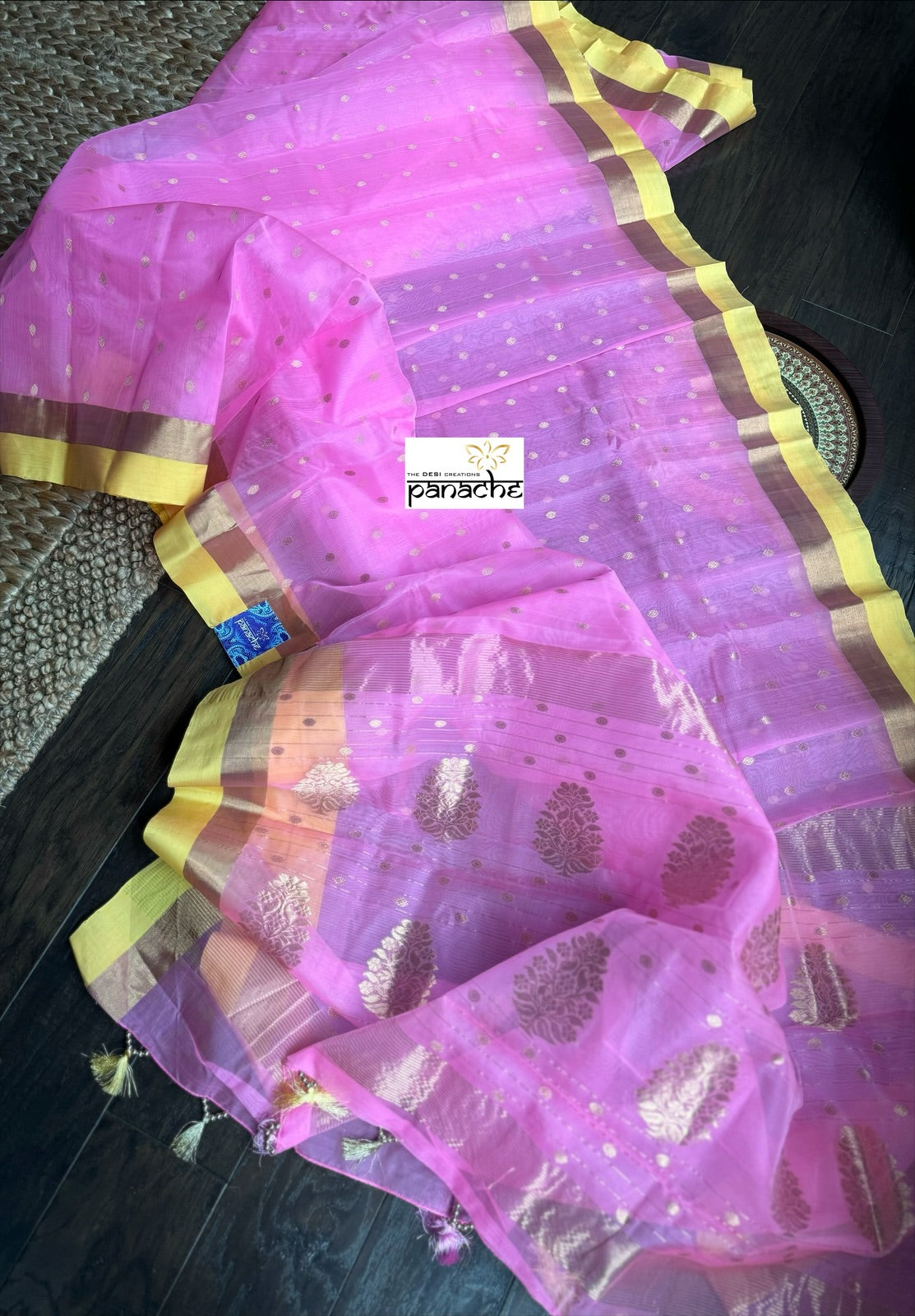 Pure Chanderi Organza Silk - Pink Yellow Golden Zari