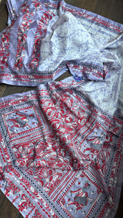 Bangalore Batik Kantha Silk -  White Violet Red Patli Pallu