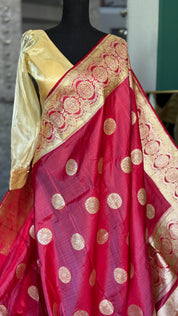 Pure Silk Mashru Banarasi- Raspberry Red Dual Shaded