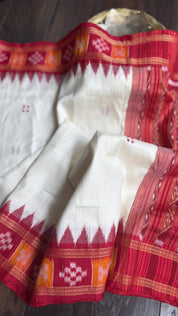 Pure Mukberry Silk Sambalpuri Ikat - Cream Red Orange Pasapale Border