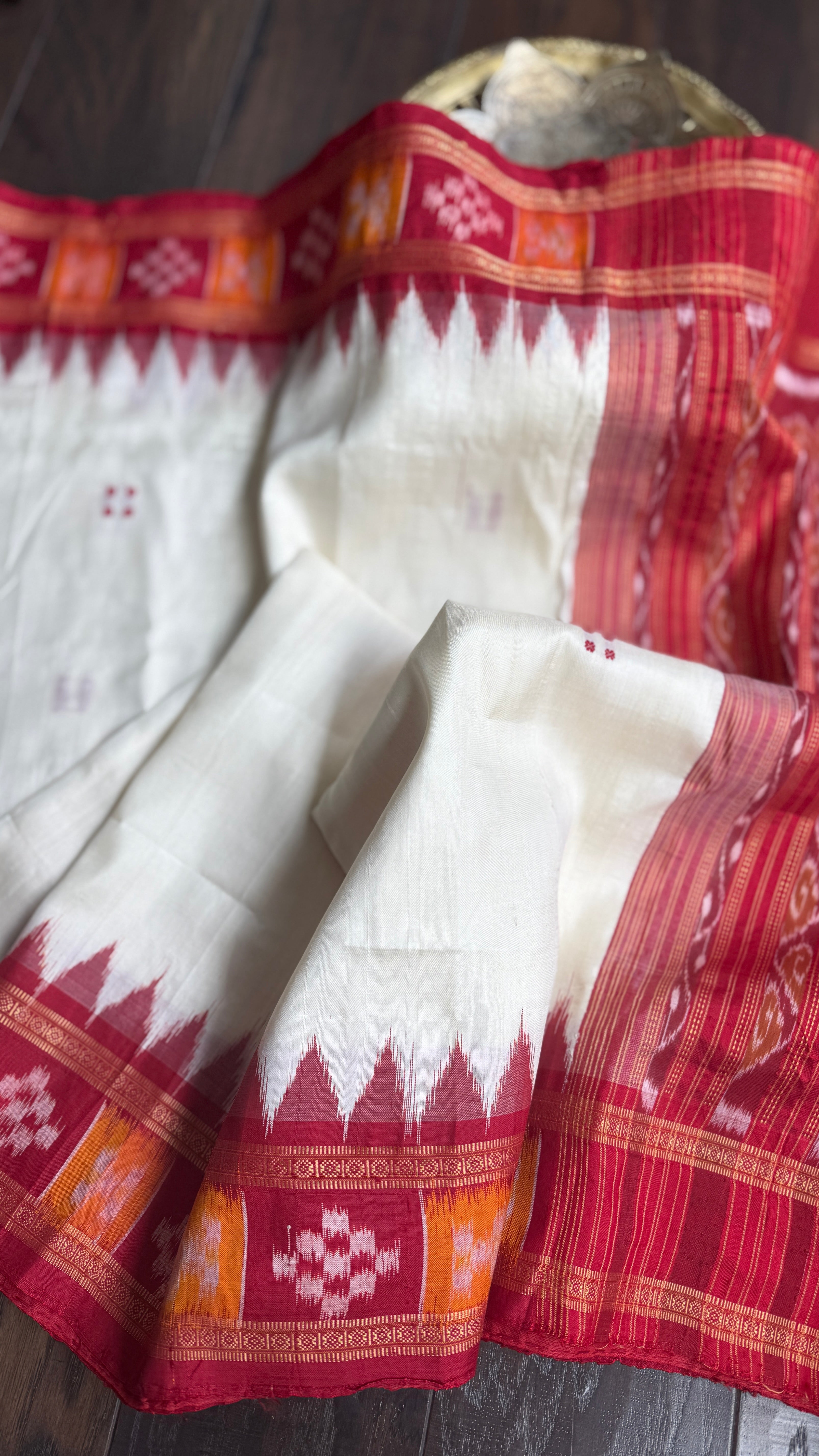 Pure Mukberry Silk Sambalpuri Ikat - Cream Red Orange Pasapale Border