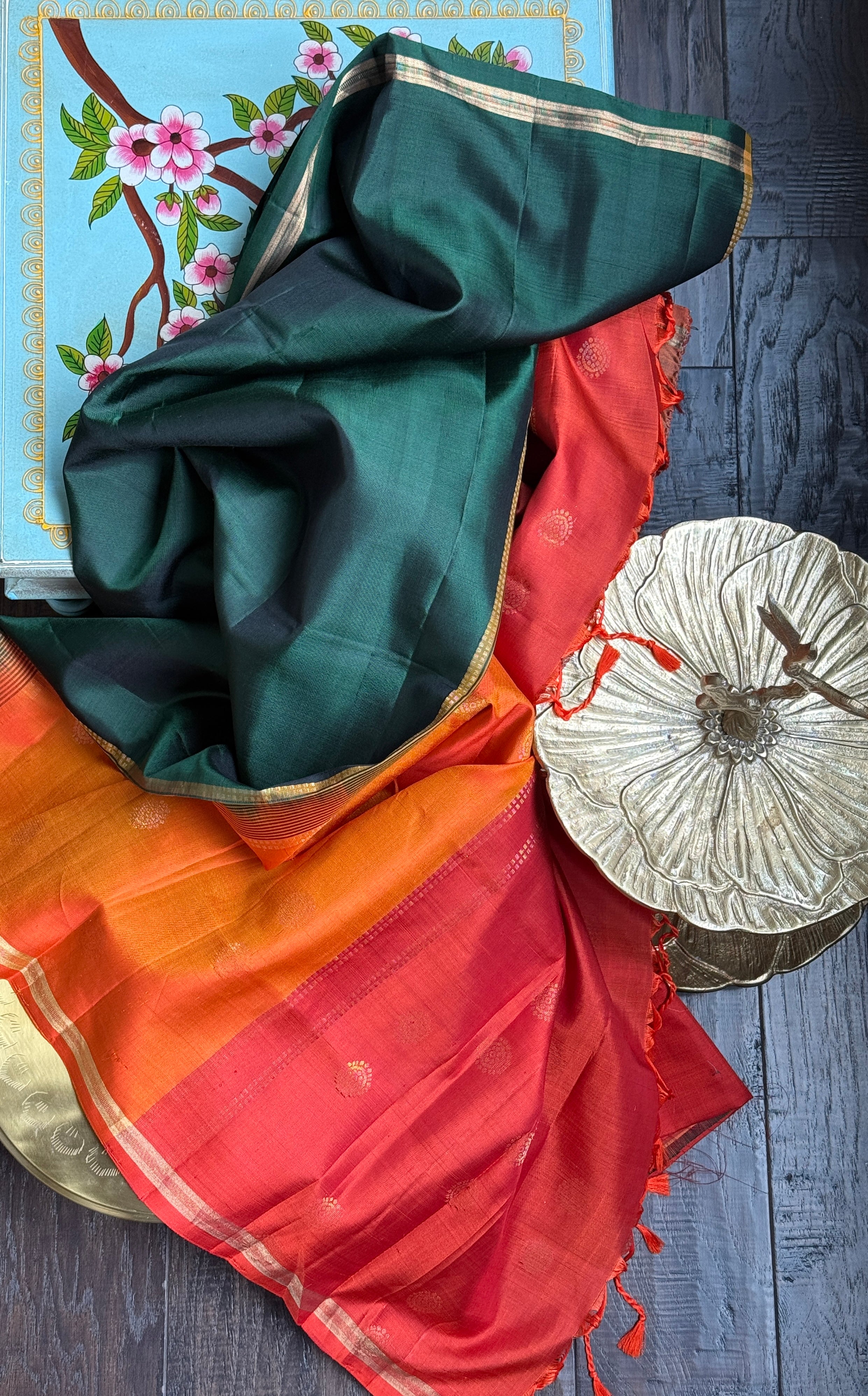 Pure Silk Kanjivaram - Green Orange