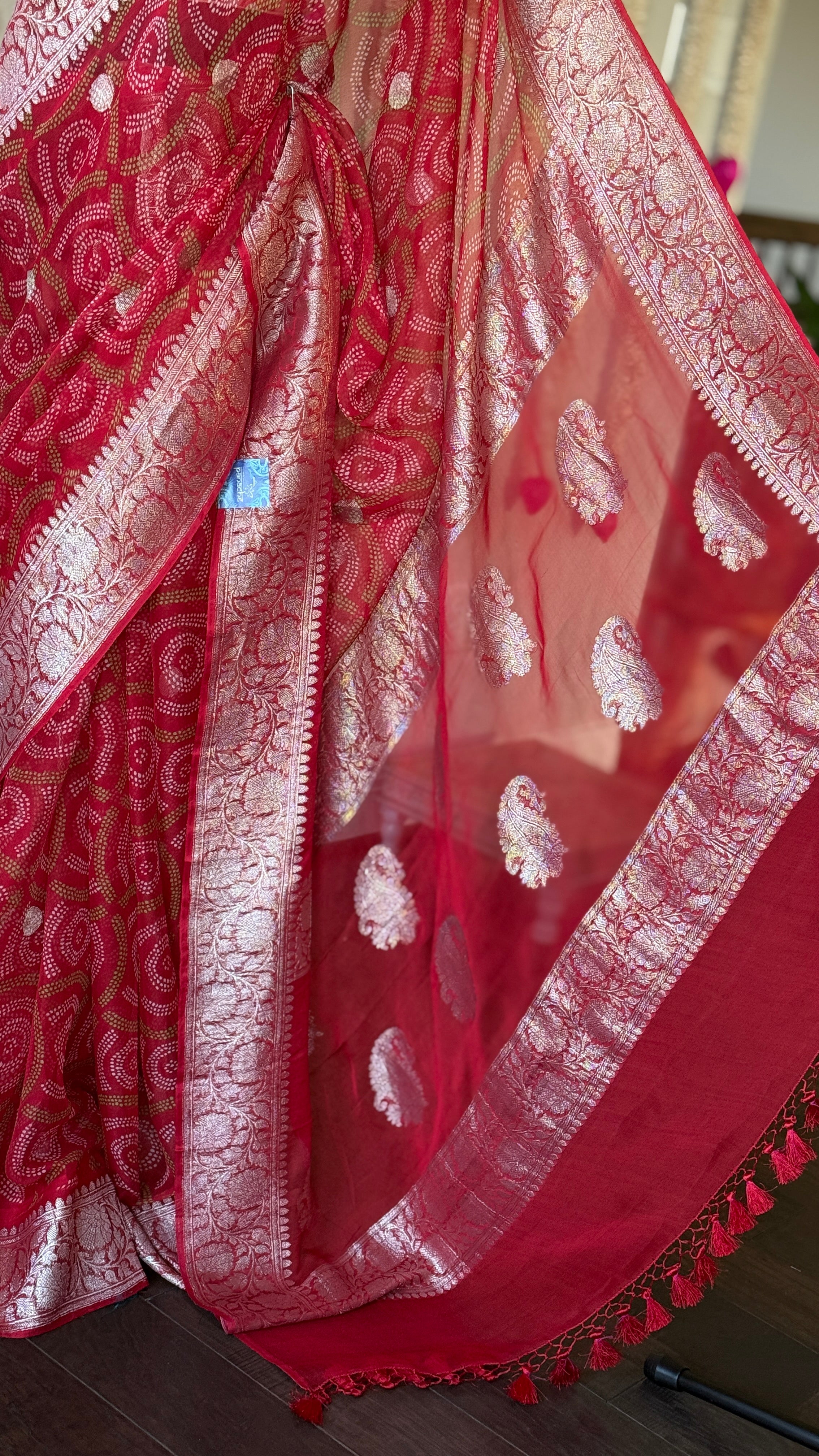 Khaddi Chiffon Banarasi - Red Bandhej Printed
