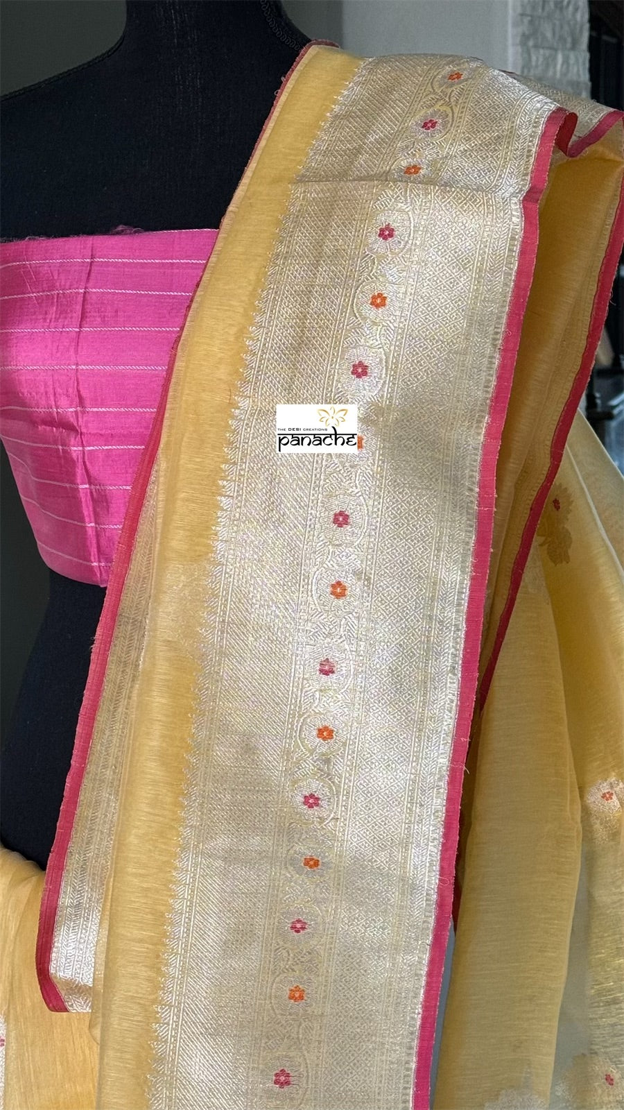 Linen Silk Banarasi - Yellow Pink