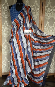 Bafta Tussar Hand Batik - Dusty White Indigo Orange