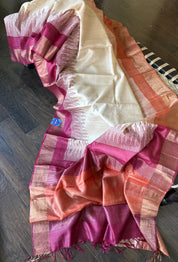 Pure Tussar Silk Hand Block Printed - Beige Rust Wine