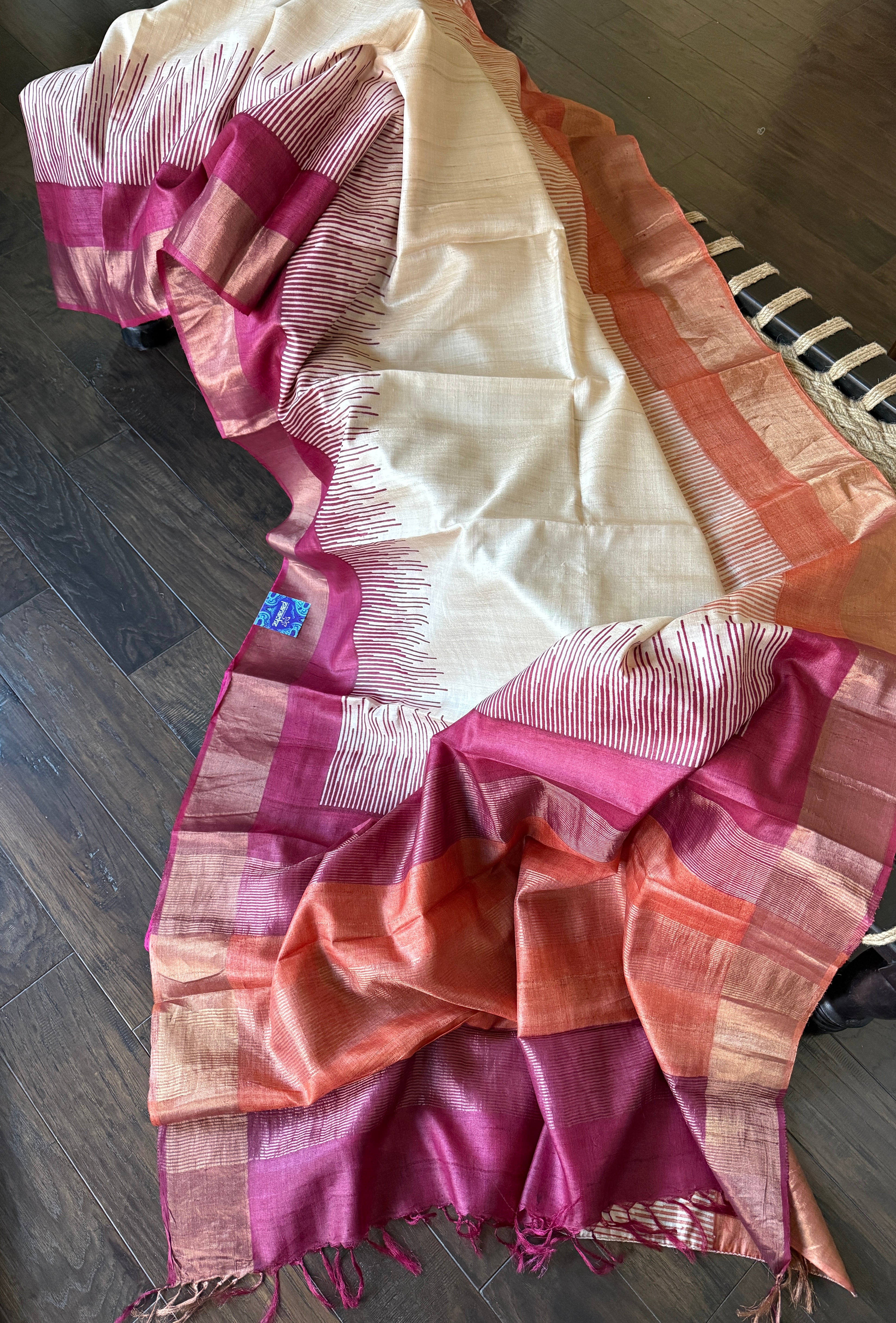 Pure Tussar Silk Hand Block Printed - Beige Rust Wine