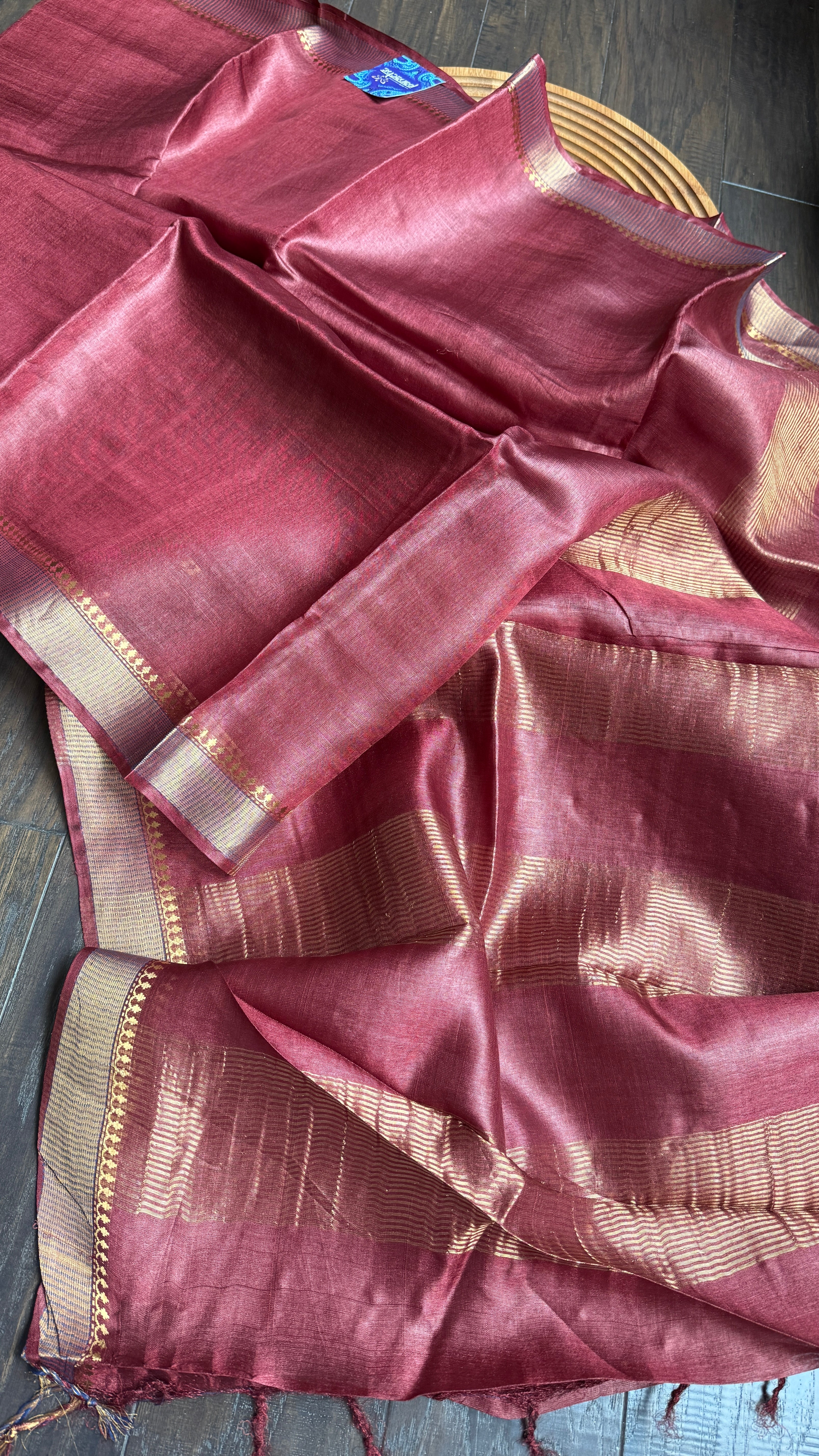 Handwoven Tussar Silk - Maroon Golden Zari