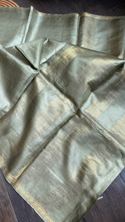 Handwoven Tussar Silk - Light Henna Green Golden Zari