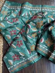 Pure Tussar Silk Kantha Stitch -  Dark Green Multi Color