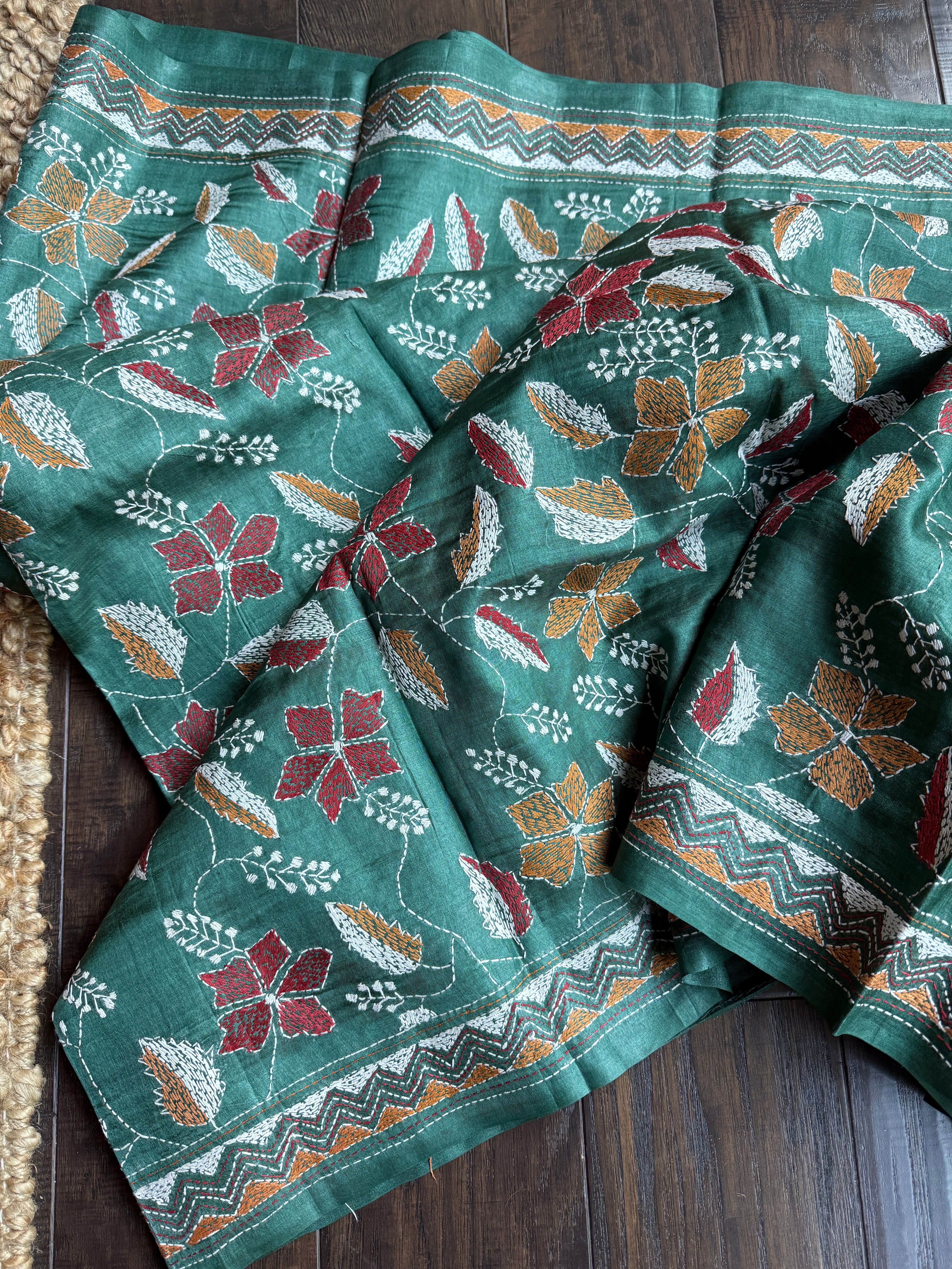 Pure Tussar Silk Kantha Stitch -  Dark Green Multi Color