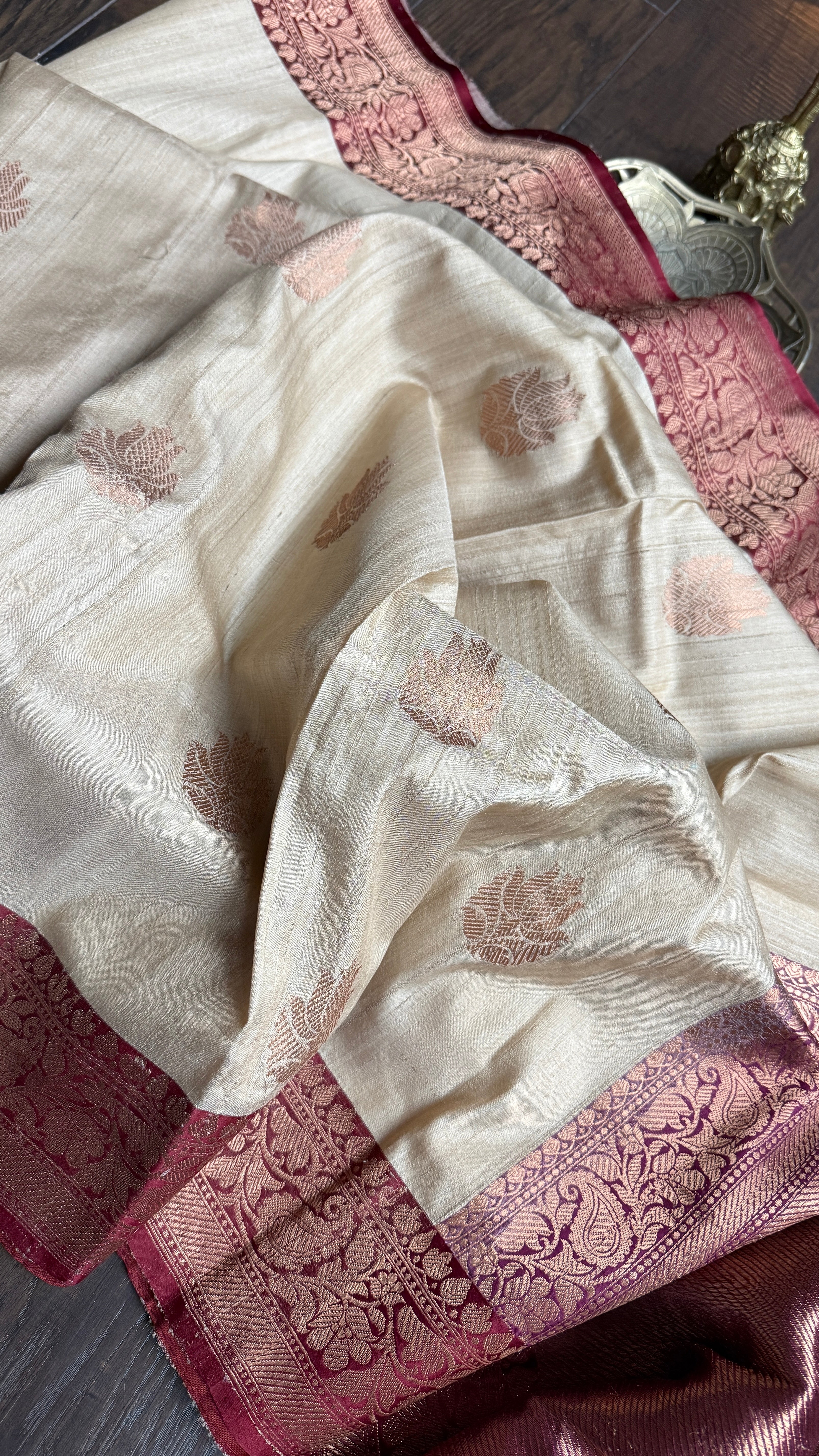 Pure Tussar Silk Banarasi - Beige Maroon