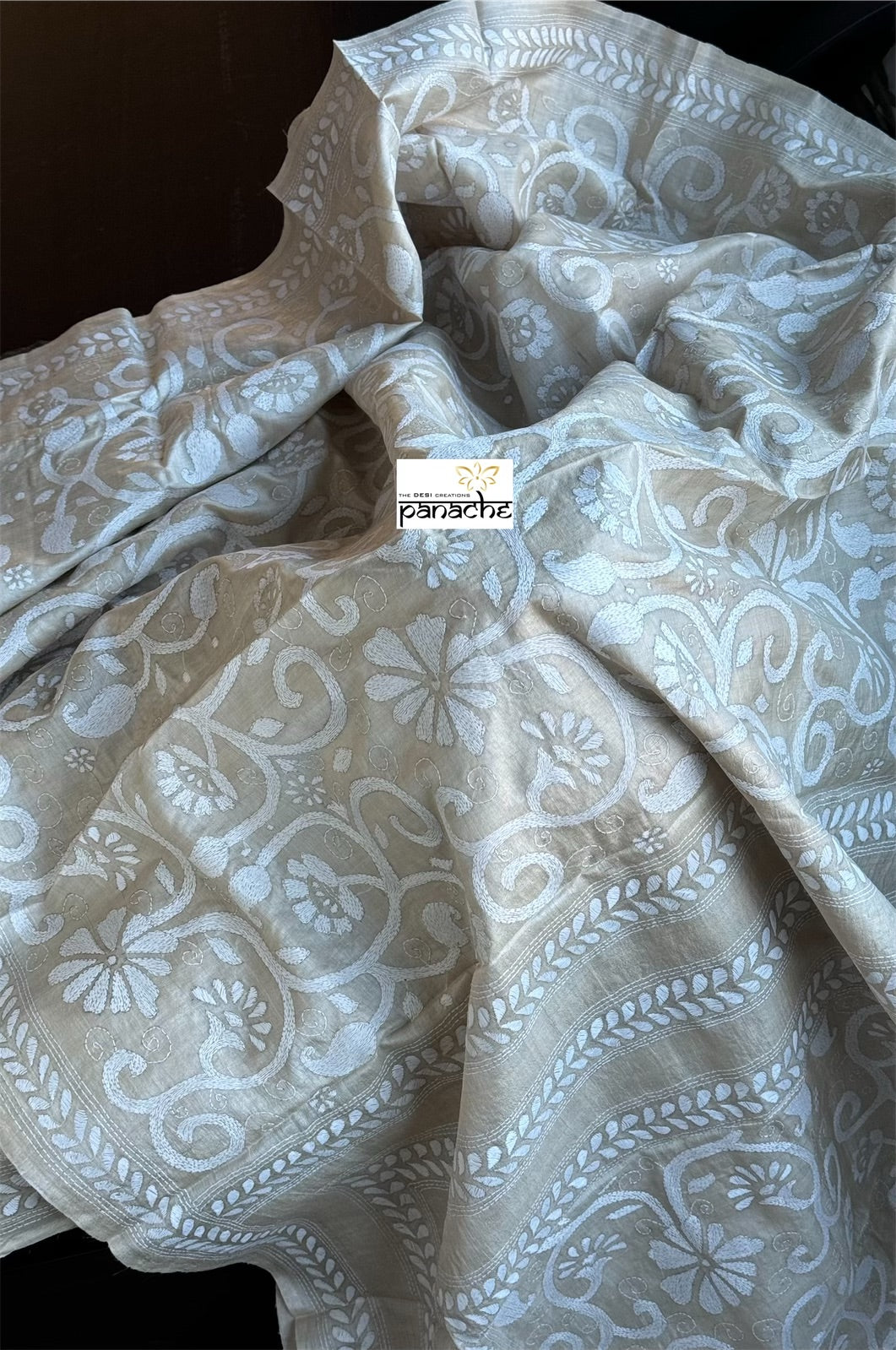 Pure Tussar Silk Kantha Stitch - Beige White