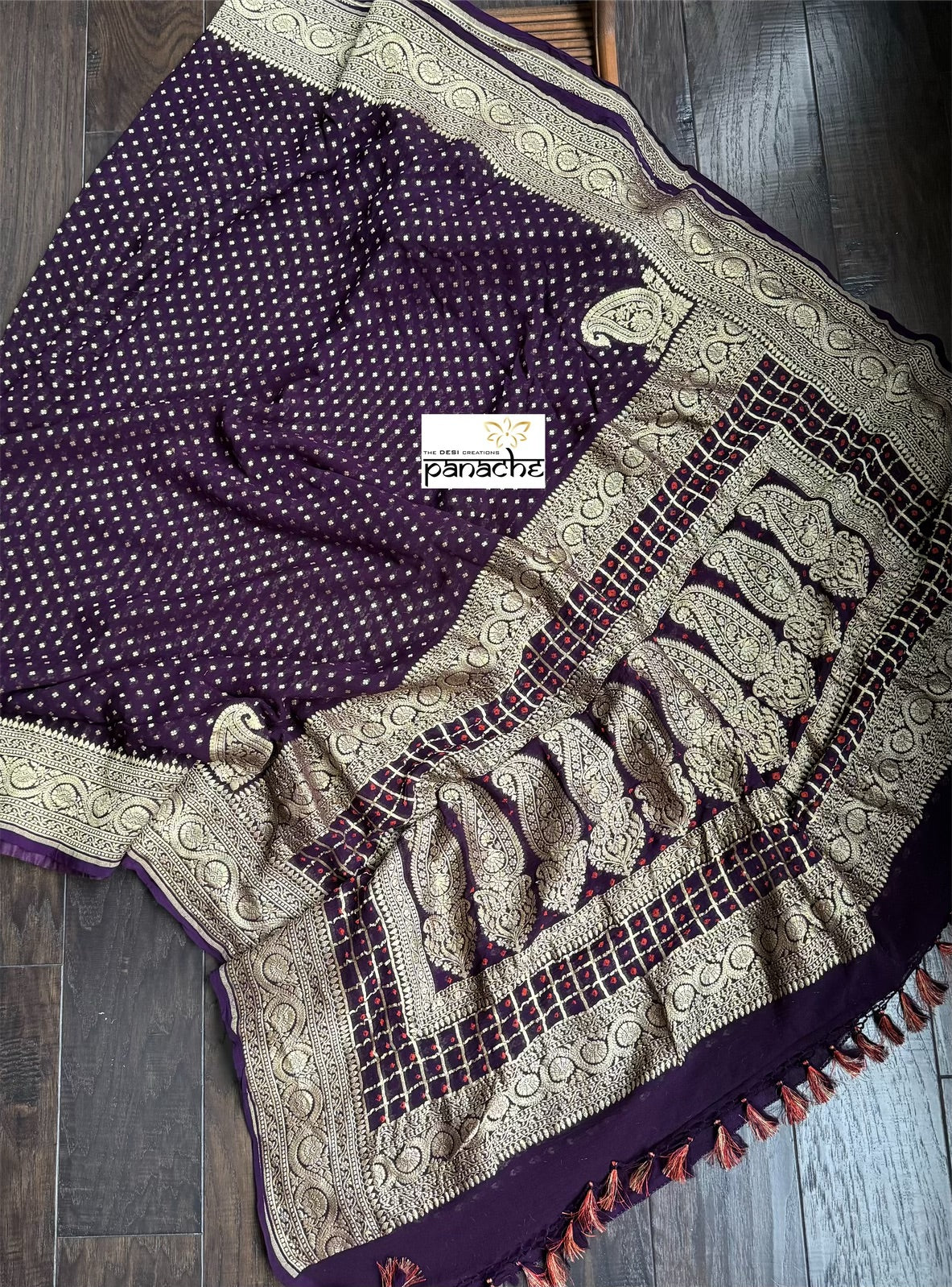 Khaddi Georgette Banarasi - Eggplant color Bandhej