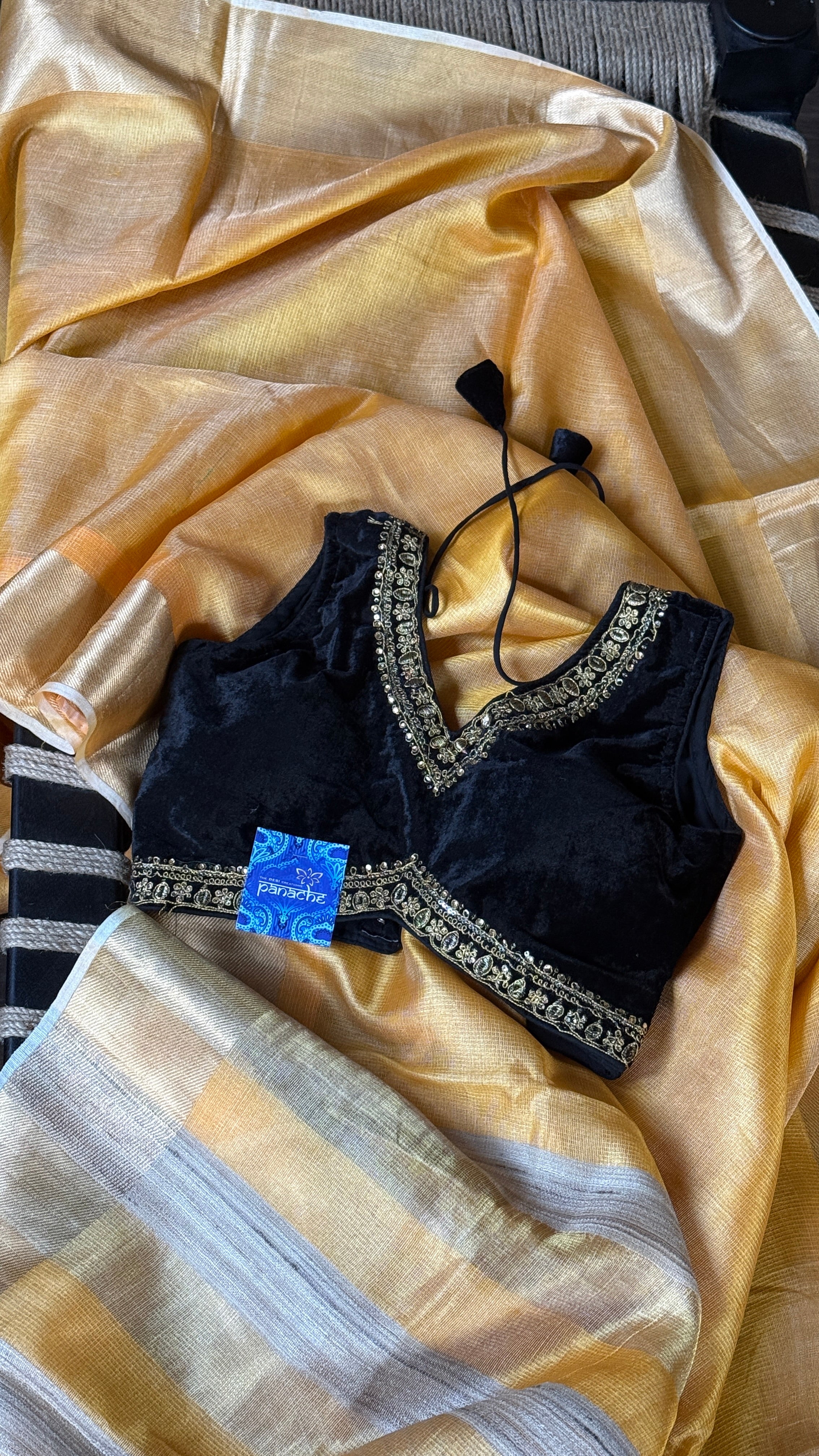 Designer Velvet Blouse - Black Gold Zari Sleeveless