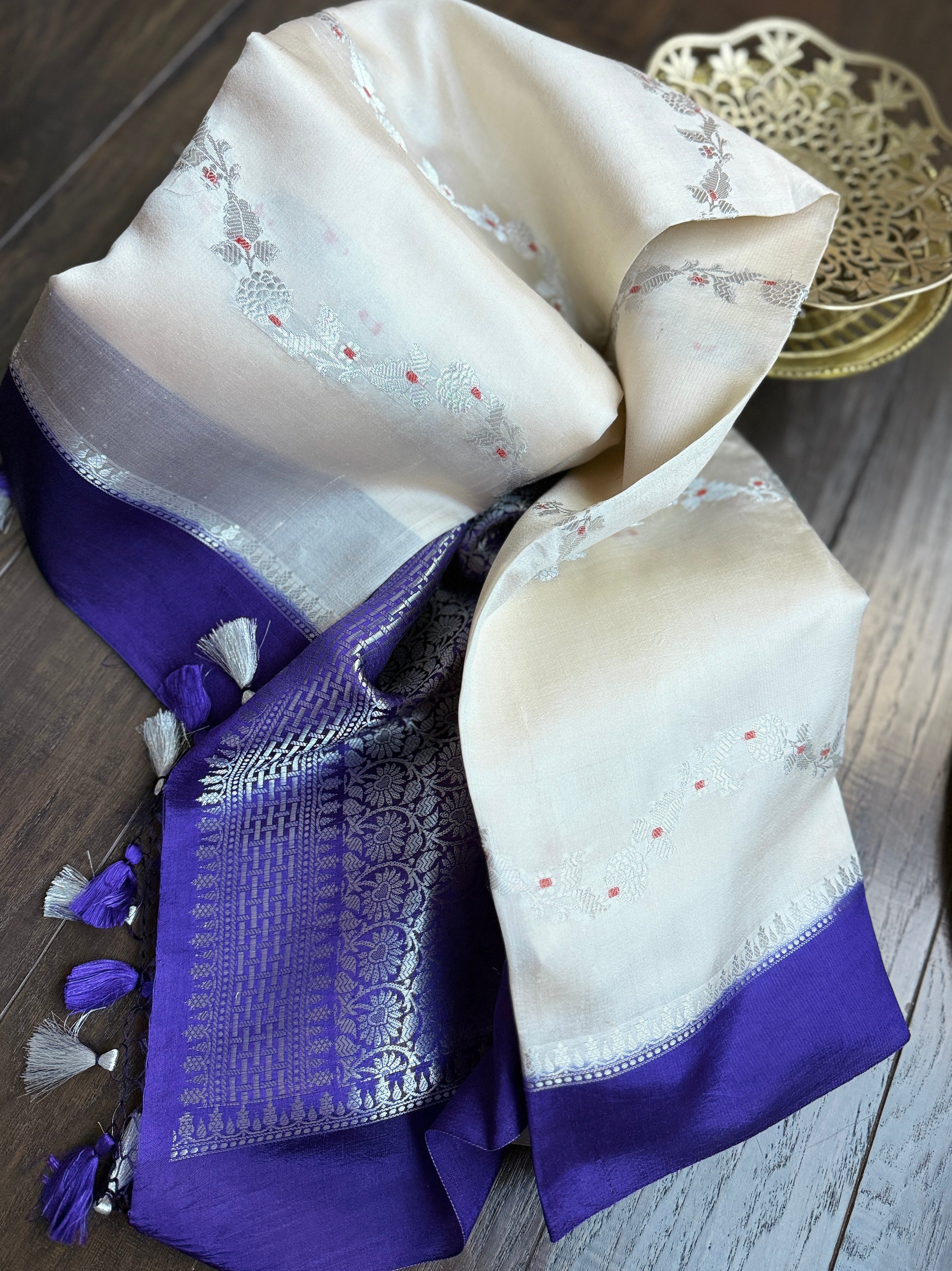 Chiniya Silk Leheriya Banarasi - Off White Purple Woven