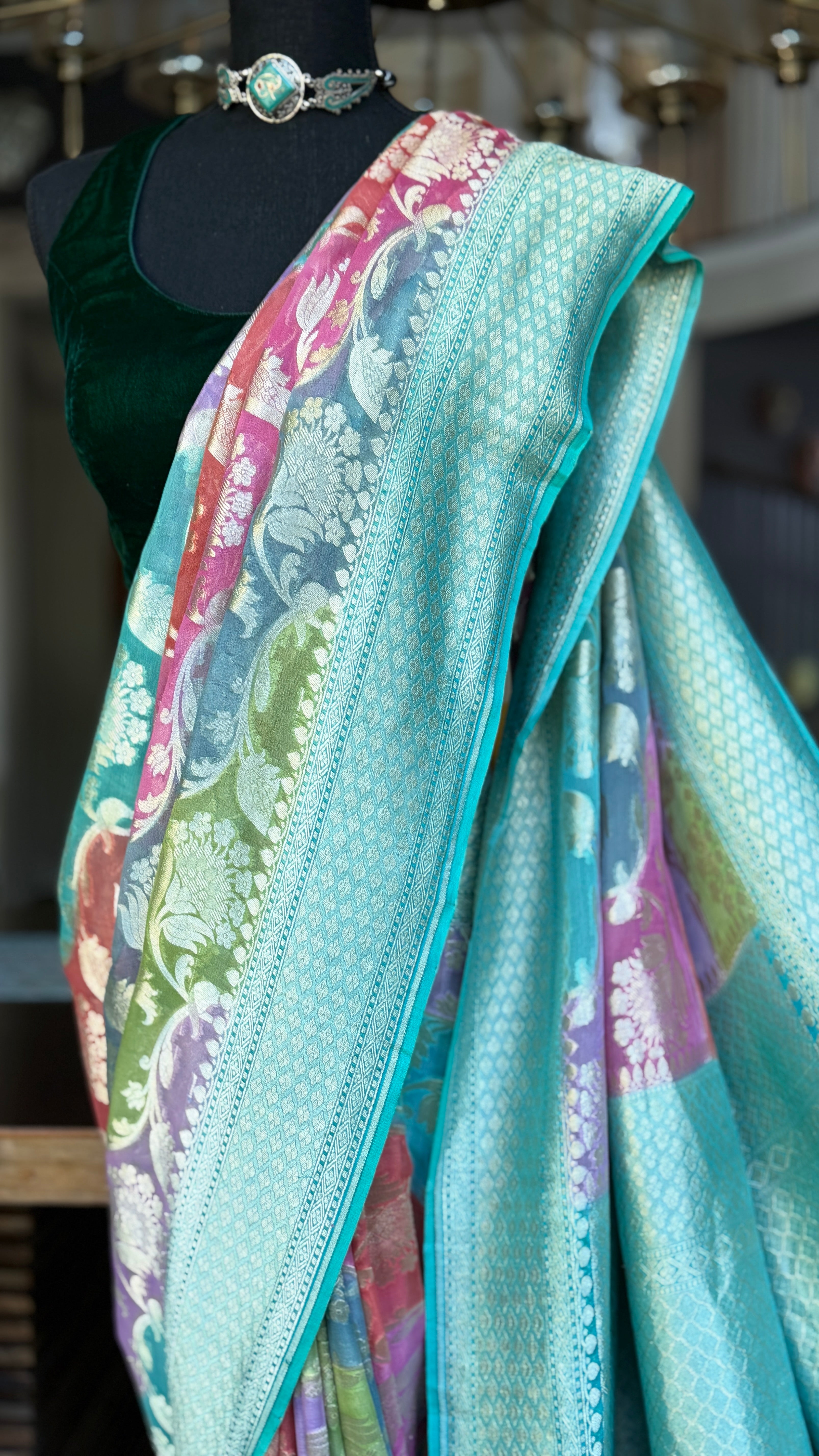 Khaddi Georgette Banarasi - Sea Green Multi color Rangkat
